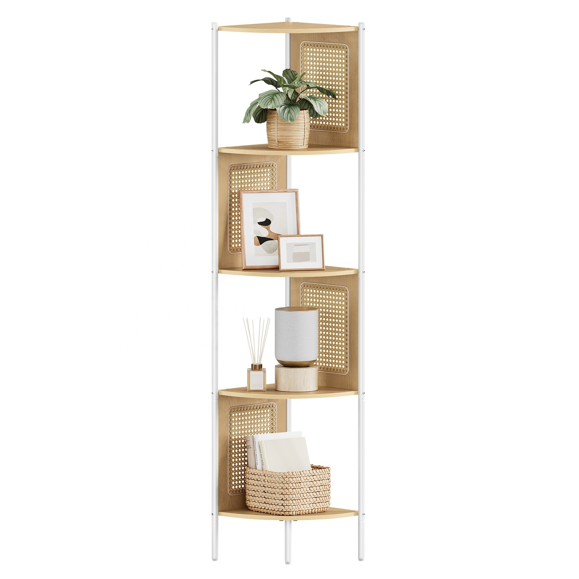 VASAGLE Modern  Bathroom Shelf Rack Kitchen Shelf Rack Organizer 5 Tier Corner Bookcase with Rattan Side Panels