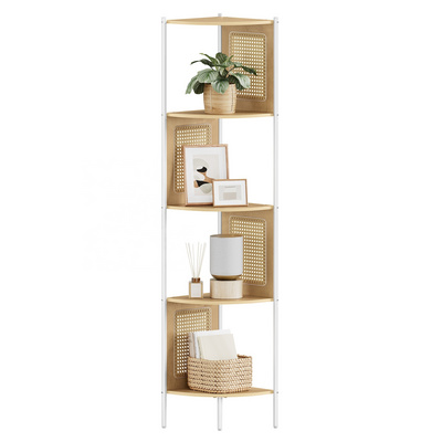 VASAGLE Modern  Bathroom Shelf Rack Kitchen Shelf Rack Organizer 5 Tier Corner Bookcase with Rattan Side Panels