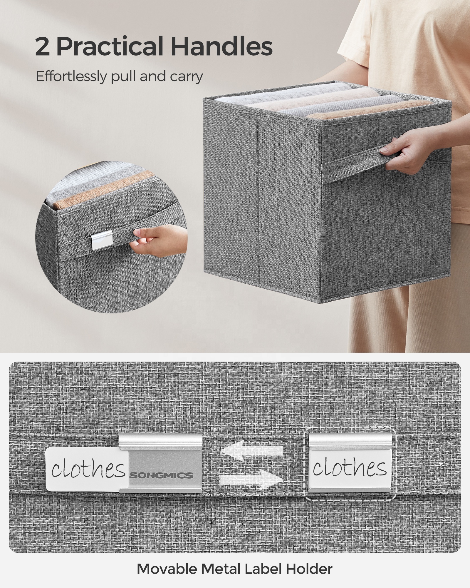 SONGMICS Large Square Fabric Folding Storage  Bin with 2 Handles Set of 4 Collapsible Cube Storage Boxes