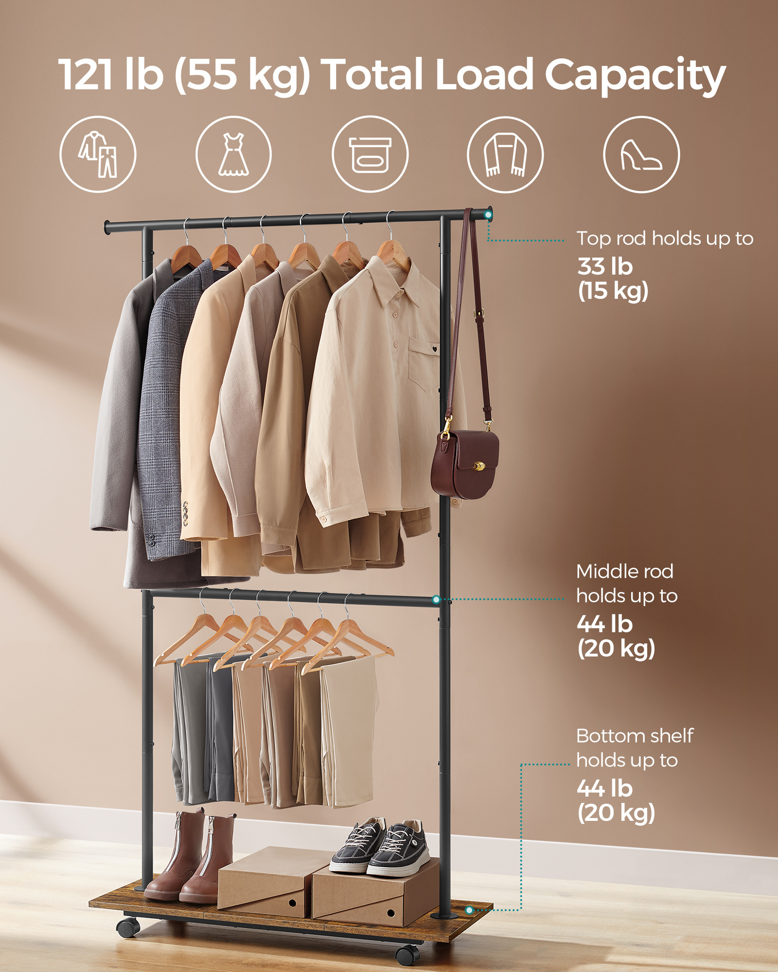 SONGMICS Clothes Rail on Wheels Double Clothes Hanging Rail with Middle Rod and Storage Shelf Portable Clothes Rack