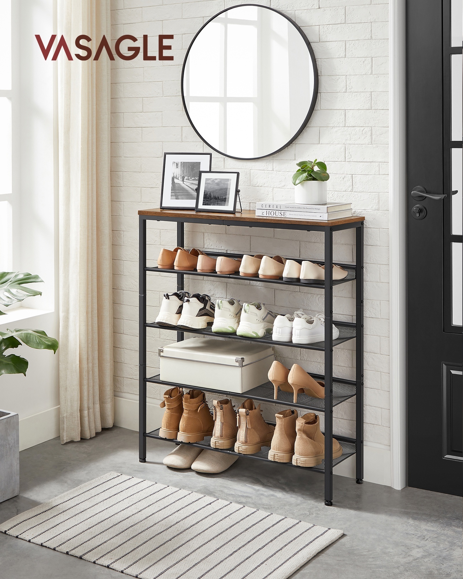 VASAGLE 5 Tier Large Surface Shoe Rack Entrance Hallway shoe shelf storage shelf with Adjustable Mesh Shelves