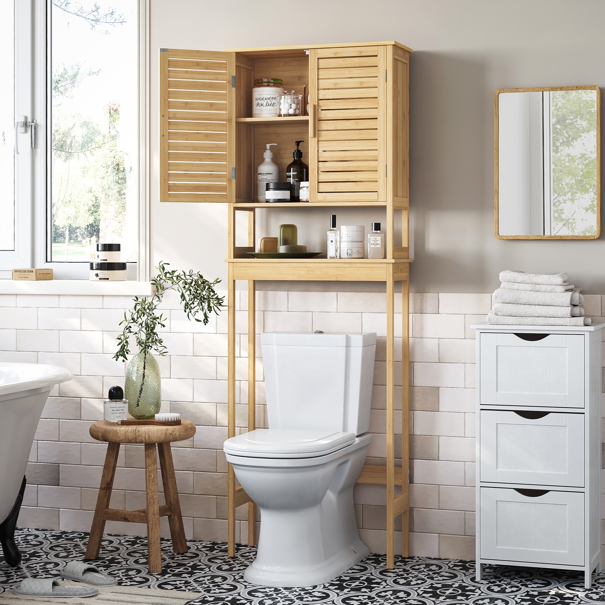 SONGMICS Multi Tier Bamboo storage Rack for Laundry Bathroom Over the Toilet Storage cabinet