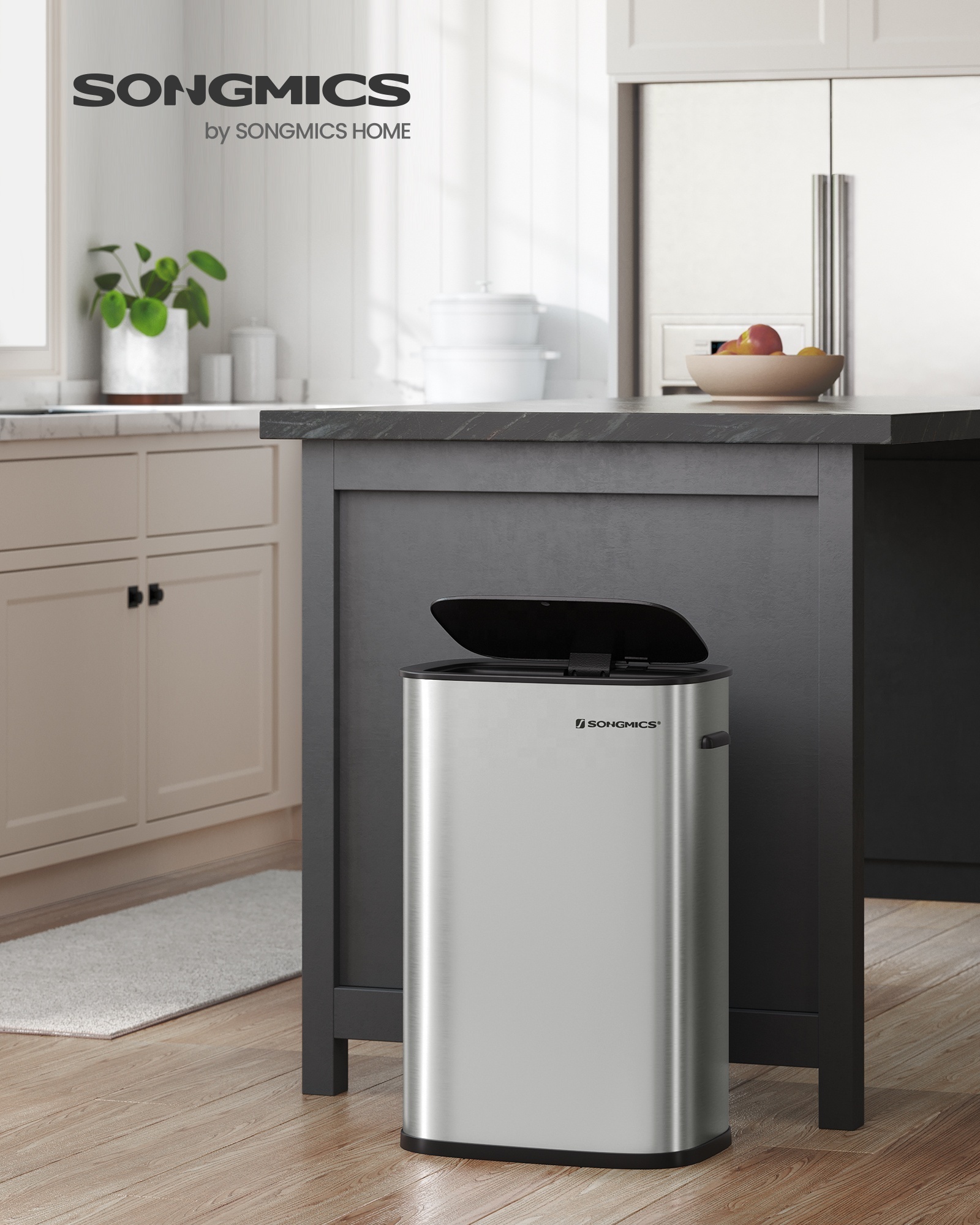 SONGMICS slim Kitchen Square Smart Sensor Trash Can 50 Liter Metal Waste Bin