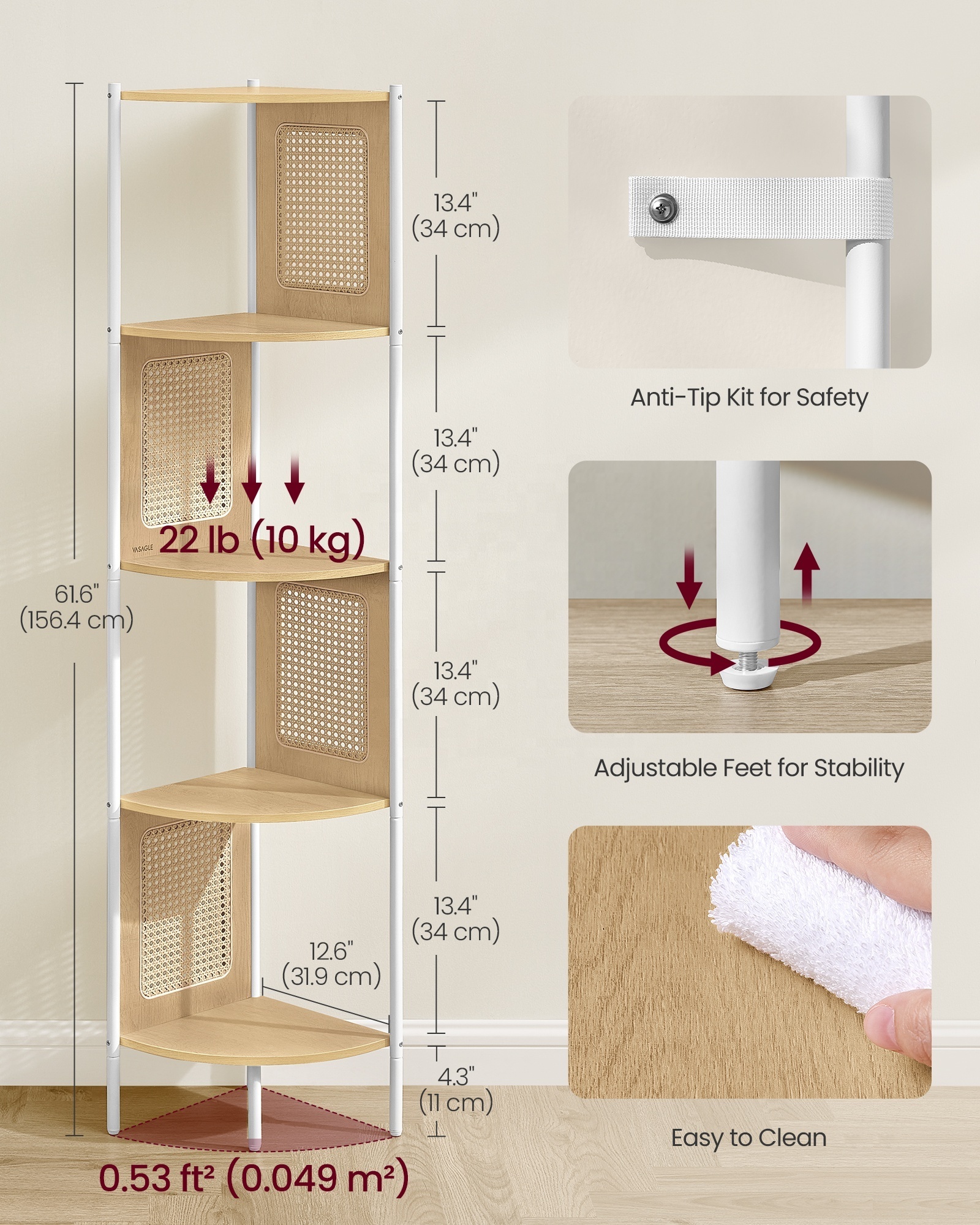 VASAGLE Modern  Bathroom Shelf Rack Kitchen Shelf Rack Organizer 5 Tier Corner Bookcase with Rattan Side Panels