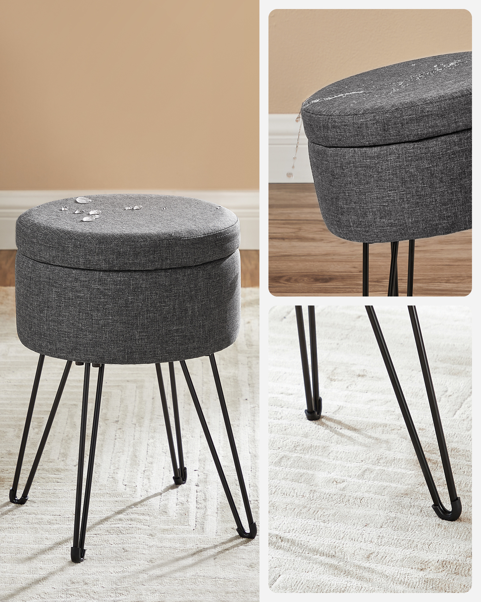 SONGMICS Grey Storage Box Round Ottoman Stool 9.4L MDF Round Footrest Stool With Metal Legs