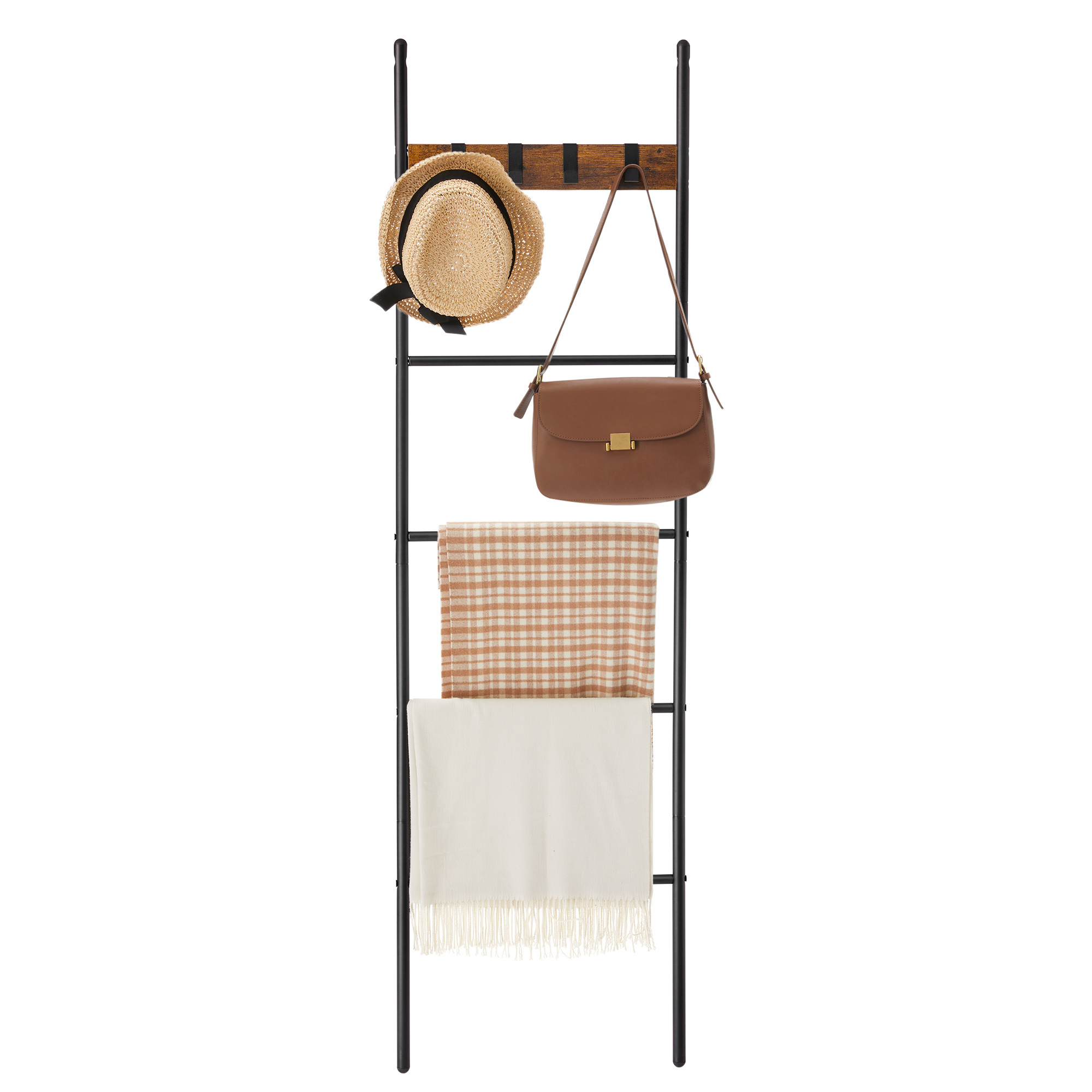 VASAGLE Wholesale Farmhouse Quilt Towel Holder Rack 5 Tier Ladder Shelf Sloping Towel Rail with 4 Hooks