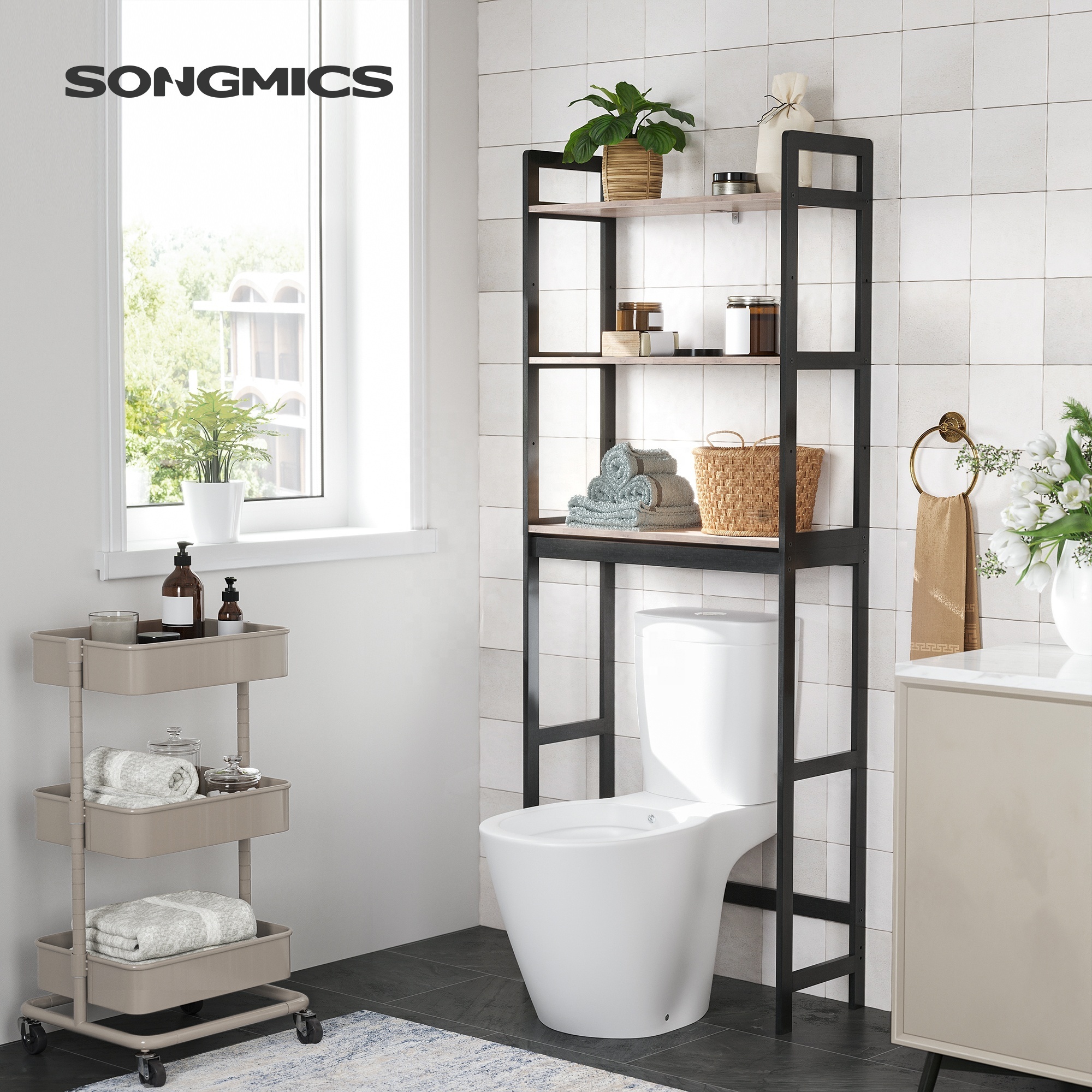 SONGMICS Bamboo Bathroom 3-Tier Eco-Friendly Storage Organizer Over The Toilet Storage Rack Shelf