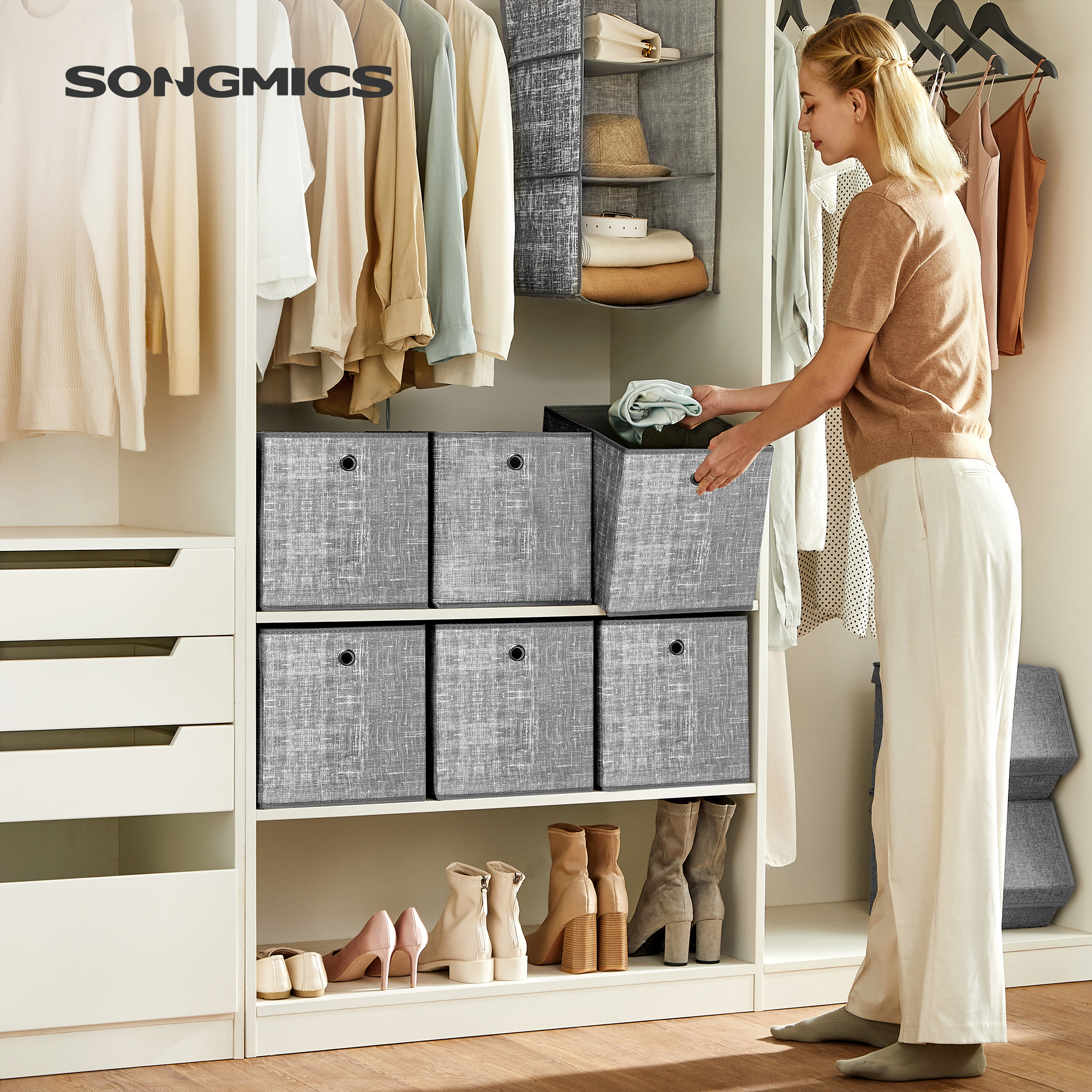 SONGMICS 6 pcs Non-Woven Fabric Storage Box with Handle Collapsible  Storage Chest Bins Cubes Bin Organizer