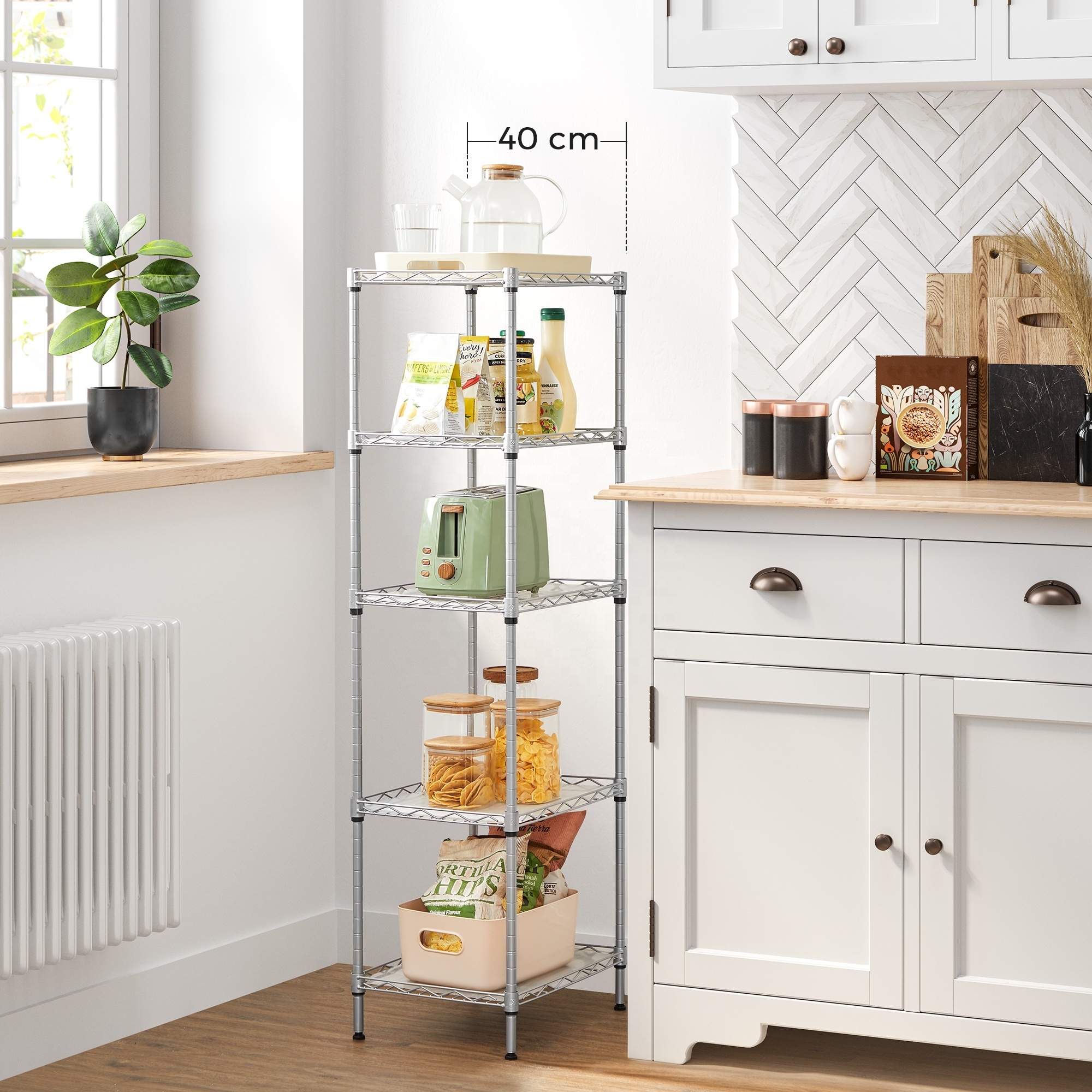 SONGMICS Height-Adjustable Bathroom Shelf 5-Tier Wire Shelving Unit Kitchen Shelf Narrow Storage Rack with 4 Hooks