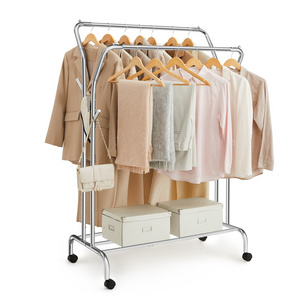 SONGMICS Heavy Duty Double Pole Clothes Racks Adjustable Garment Rack Rolling Clothes Drying Rack