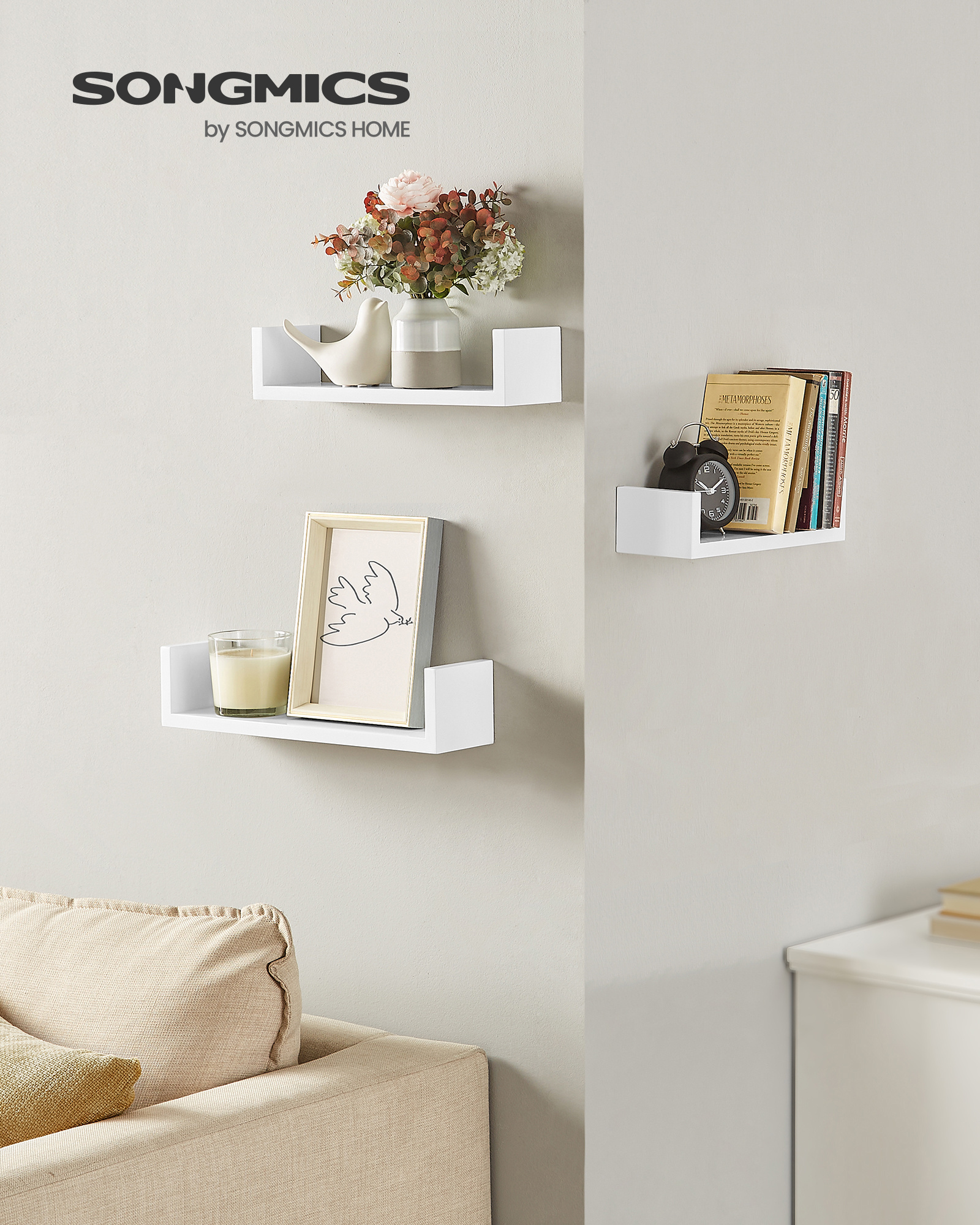 SONGMICS  Wooden Wall Mounted Display Storage Shelf Modern Home Decor shelf  Floating Wall Shelves