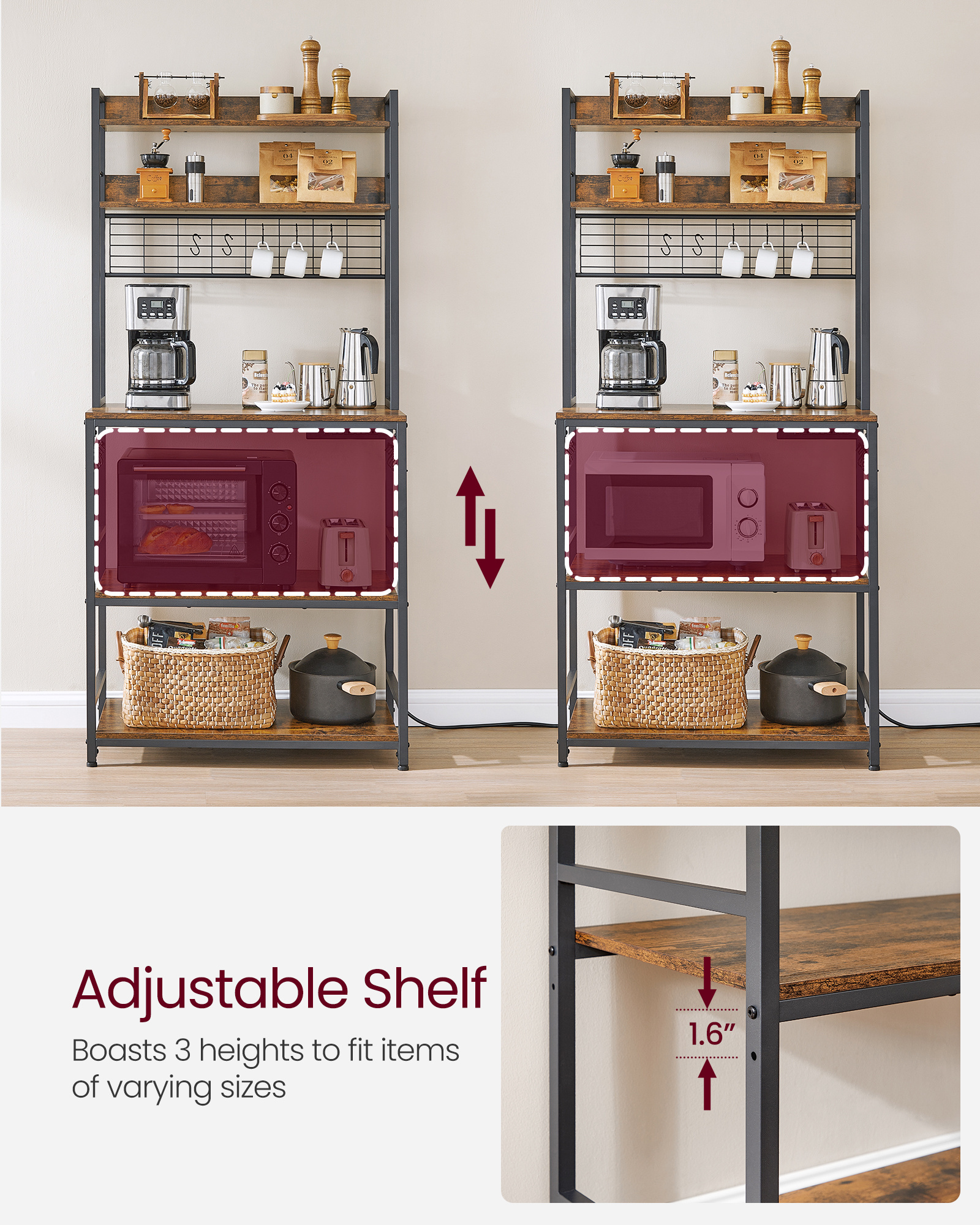 VASAGLE Kitchen Shelf with 6 Hooks and Metal Frame kitchen storage rack Industrial Design Microwave Shelf