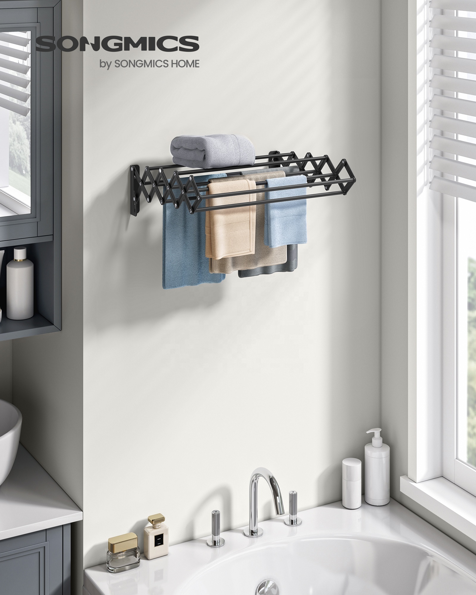 SONGMICS Wall Mounted clothesline Accordion Laundry Rack Folding Clothes Hanger Retractable Clothes Drying Rack