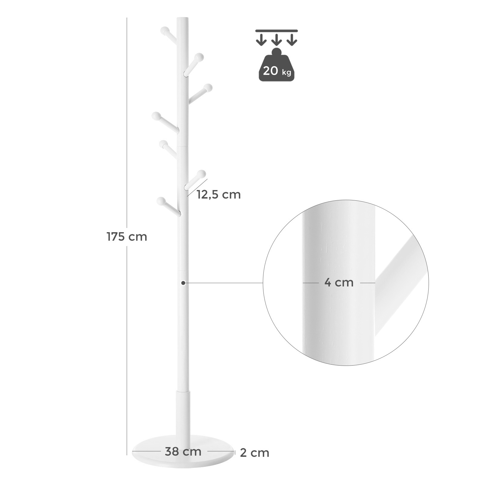 VASAGLE 7 Hooks Round Bottom Wood Hall Tree White Coat Rack Standing