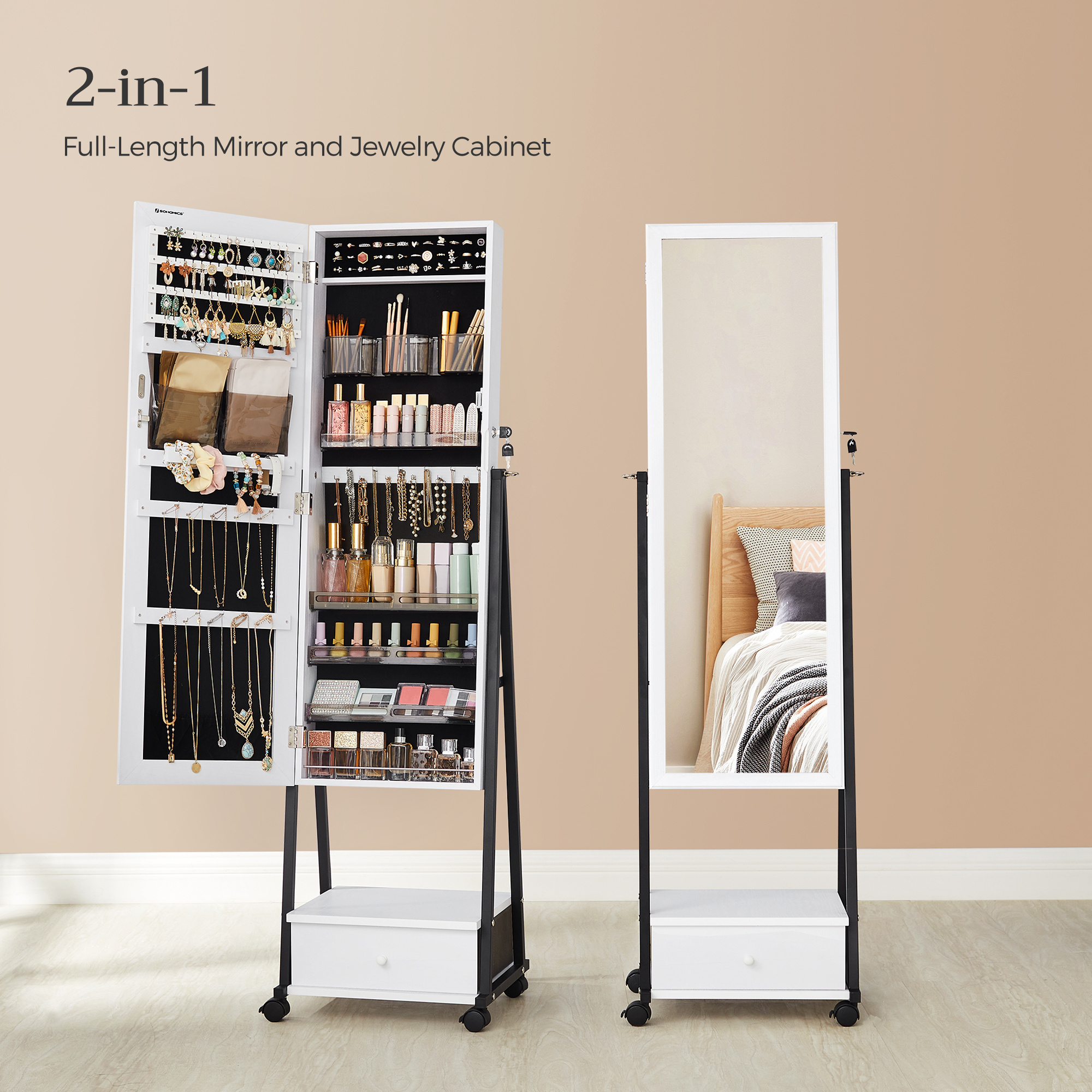 SONGMICS Mirror Glass Jewelry Armoire Cabinet With Casters Jewelry Cabinet with Mirror