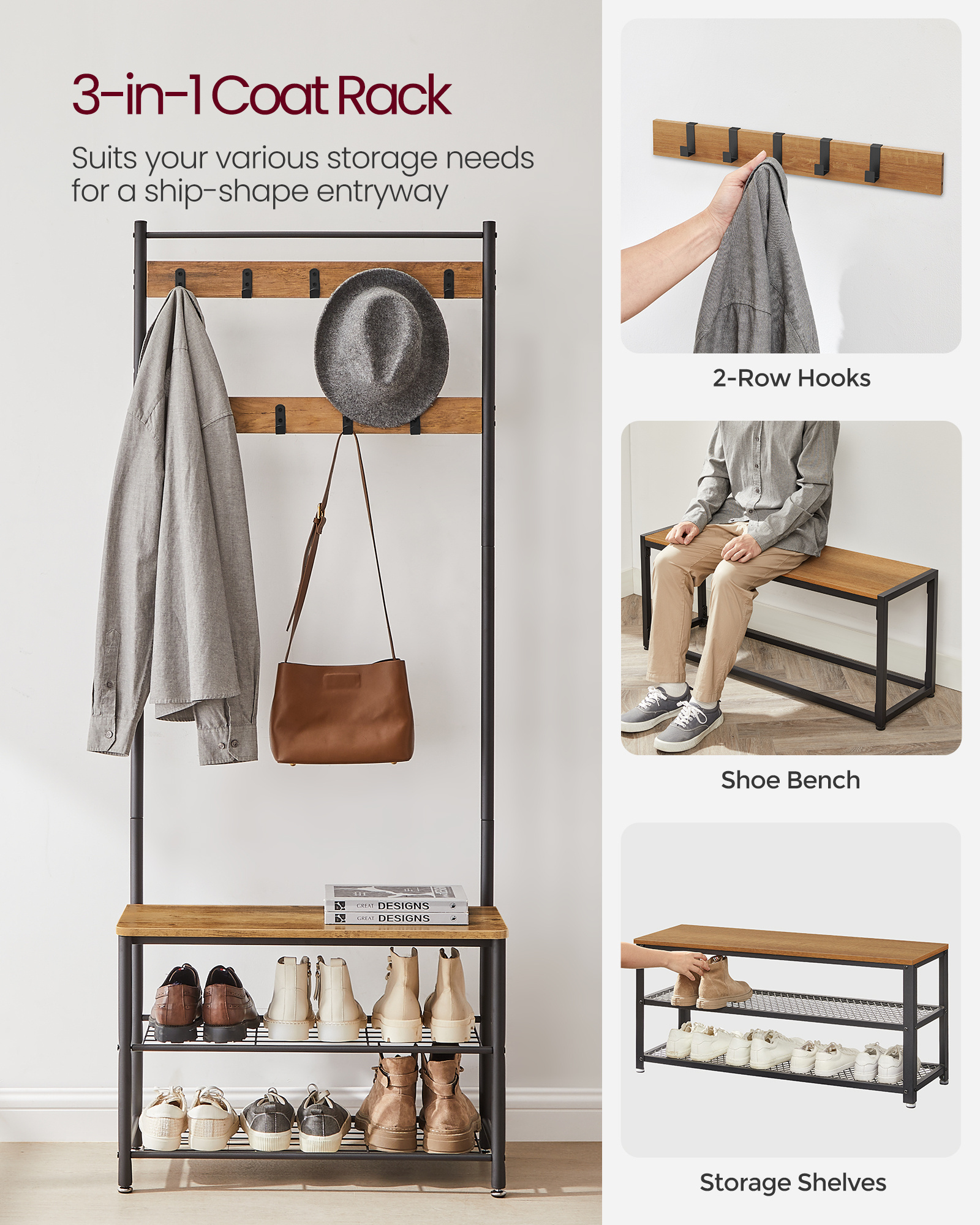 VASAGLE entrance industrial 3 shelves easy to assemble multifunctional metal clothes rack with shoe racks