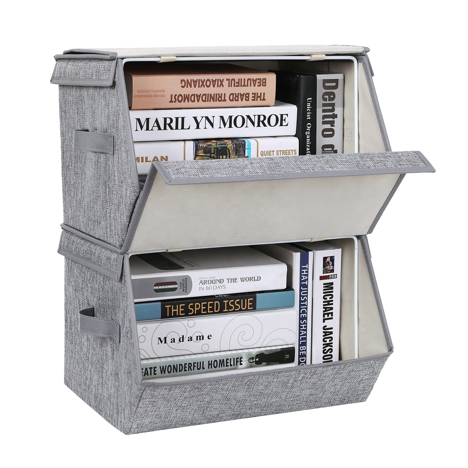 SONGMICS Stackable Folding Boxes with Fabric Cover Metal Frame and Side Handles Storage Boxes With Magnetic Hinged Lid