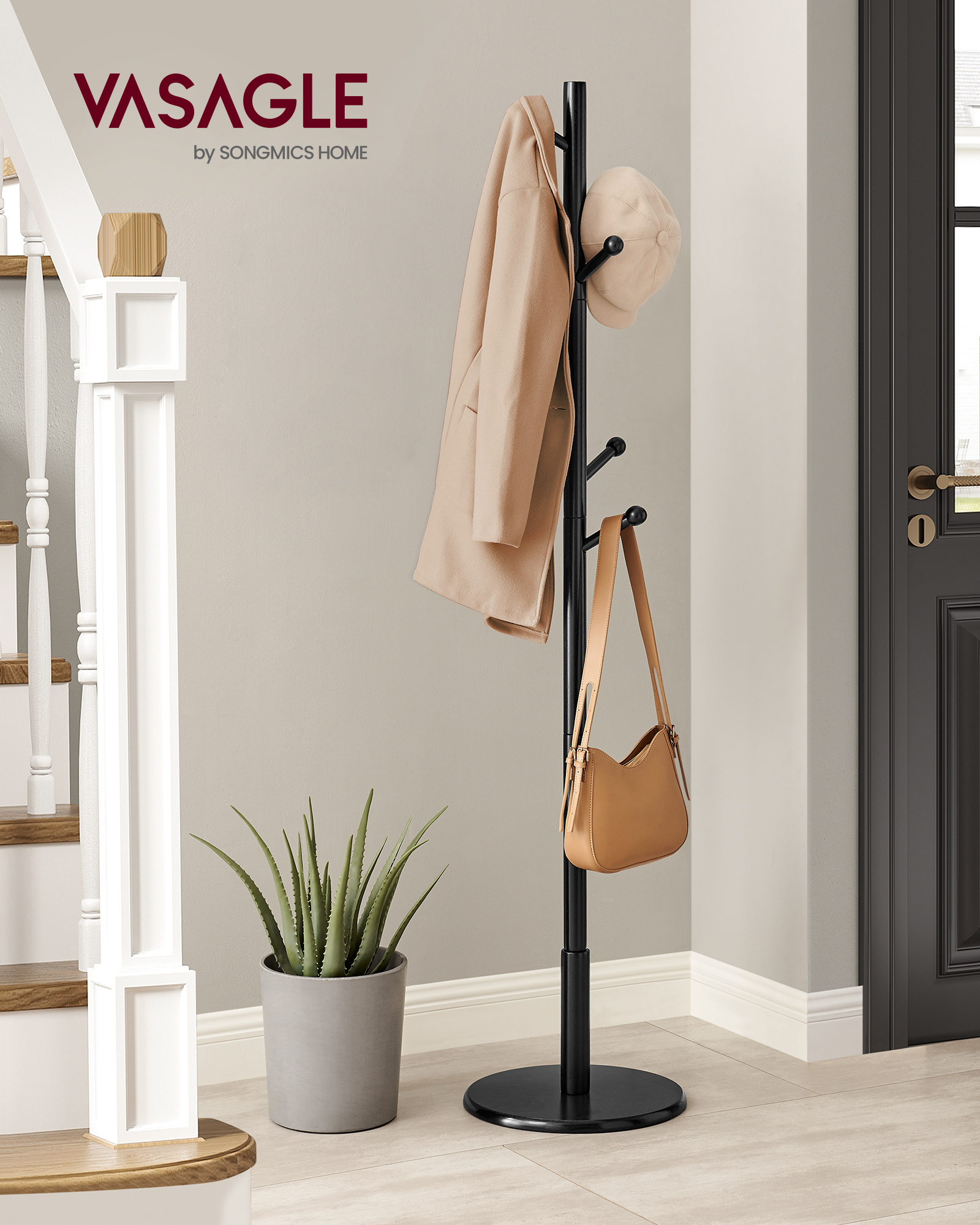 VASAGLE 7 Hooks Tree Shaped Coat Rack Solid Wood coat hanger stand for Bedroom office