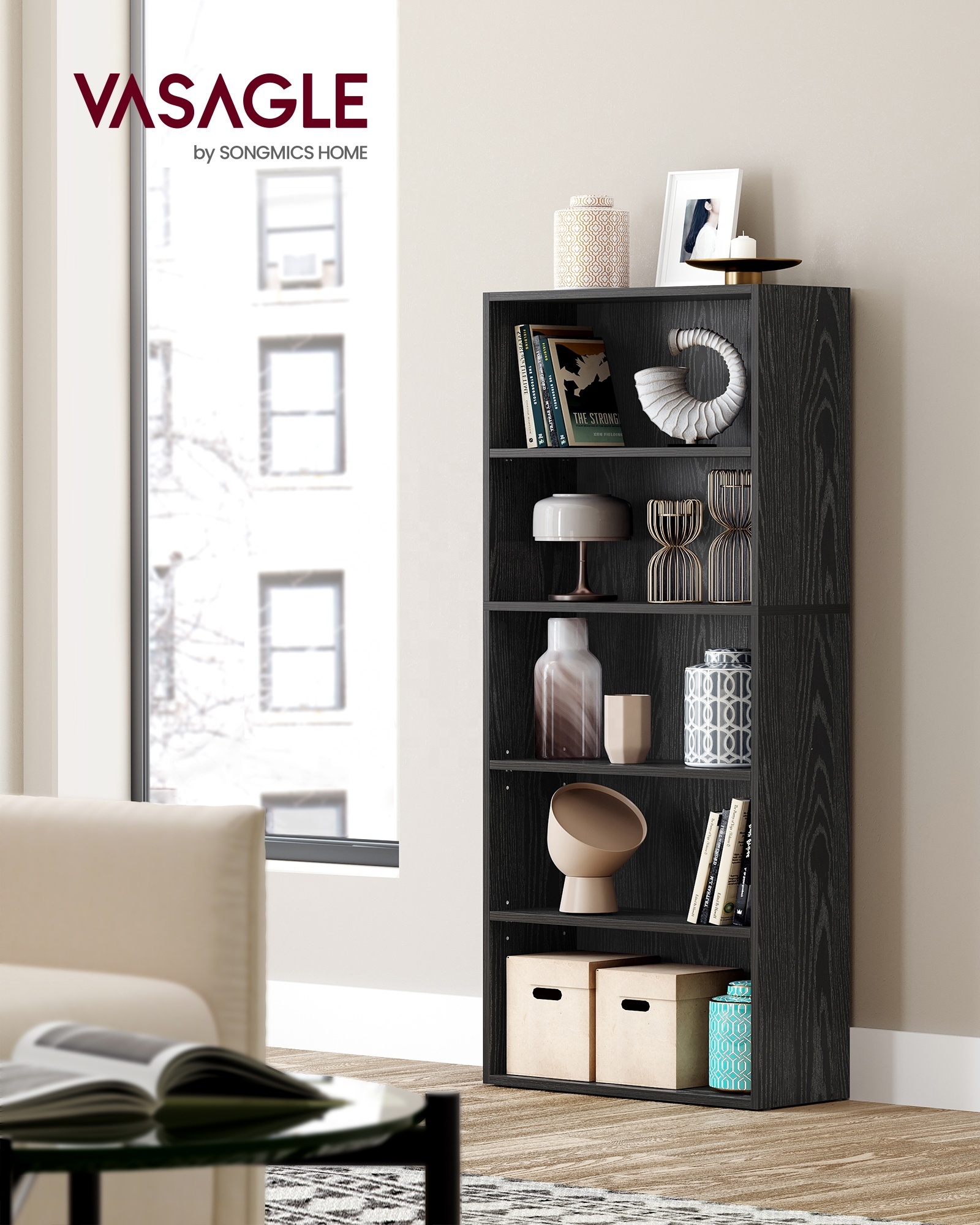 VASAGLE Display Storage Shelves Floor Standing Unit  for Living Room 5-Tier Open Bookcase with Adjustable Storage Shelves