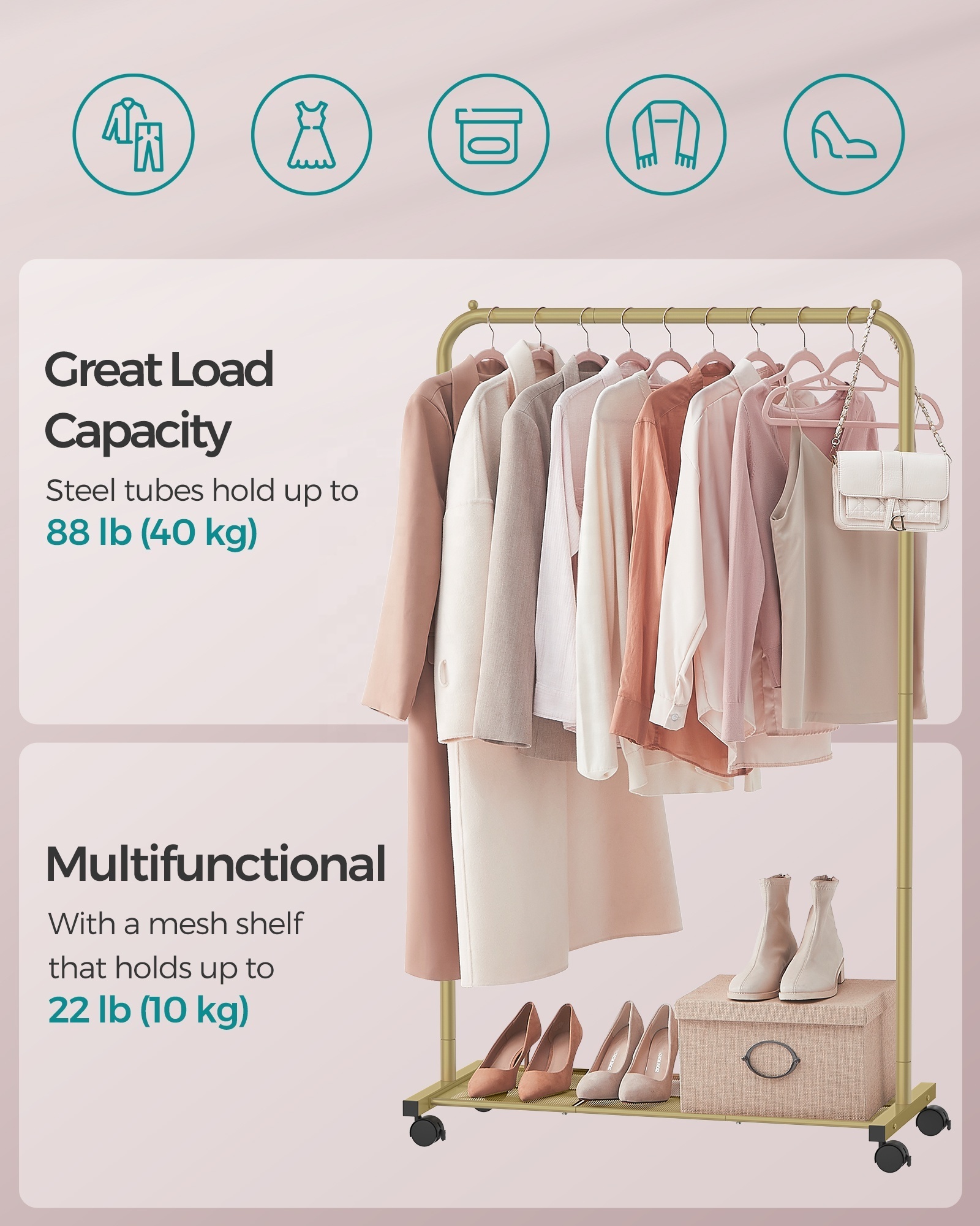 SONGMICS Boutique Gold Clothes Rack Mobile Clothes Rail With Wheel  Custom Clothes Display Racks