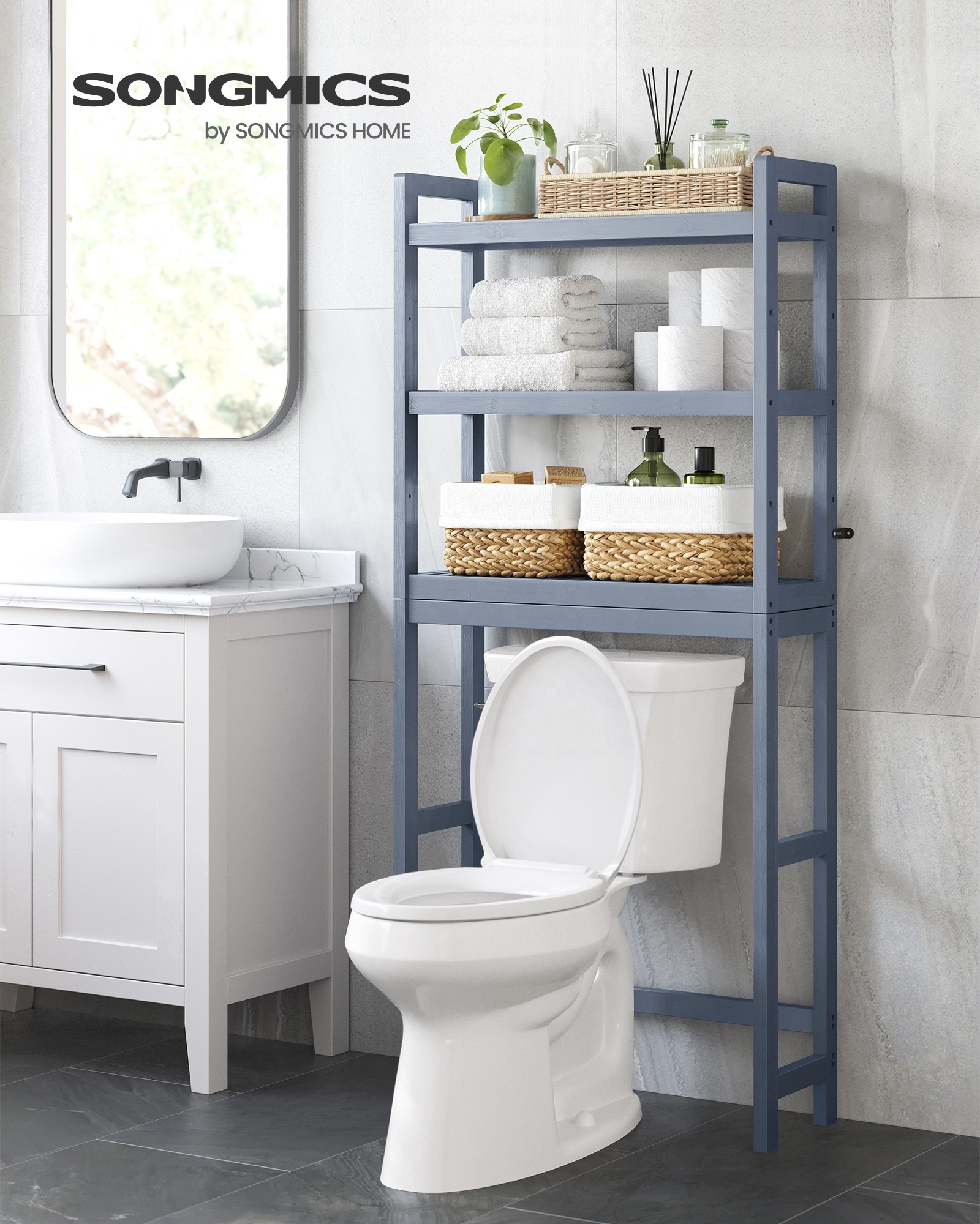 SONGMICS 3-Tier Bathroom Organizer  with Multi-Functional Shelves Bamboo Over The Toilet Rack with Adjustable Shelf