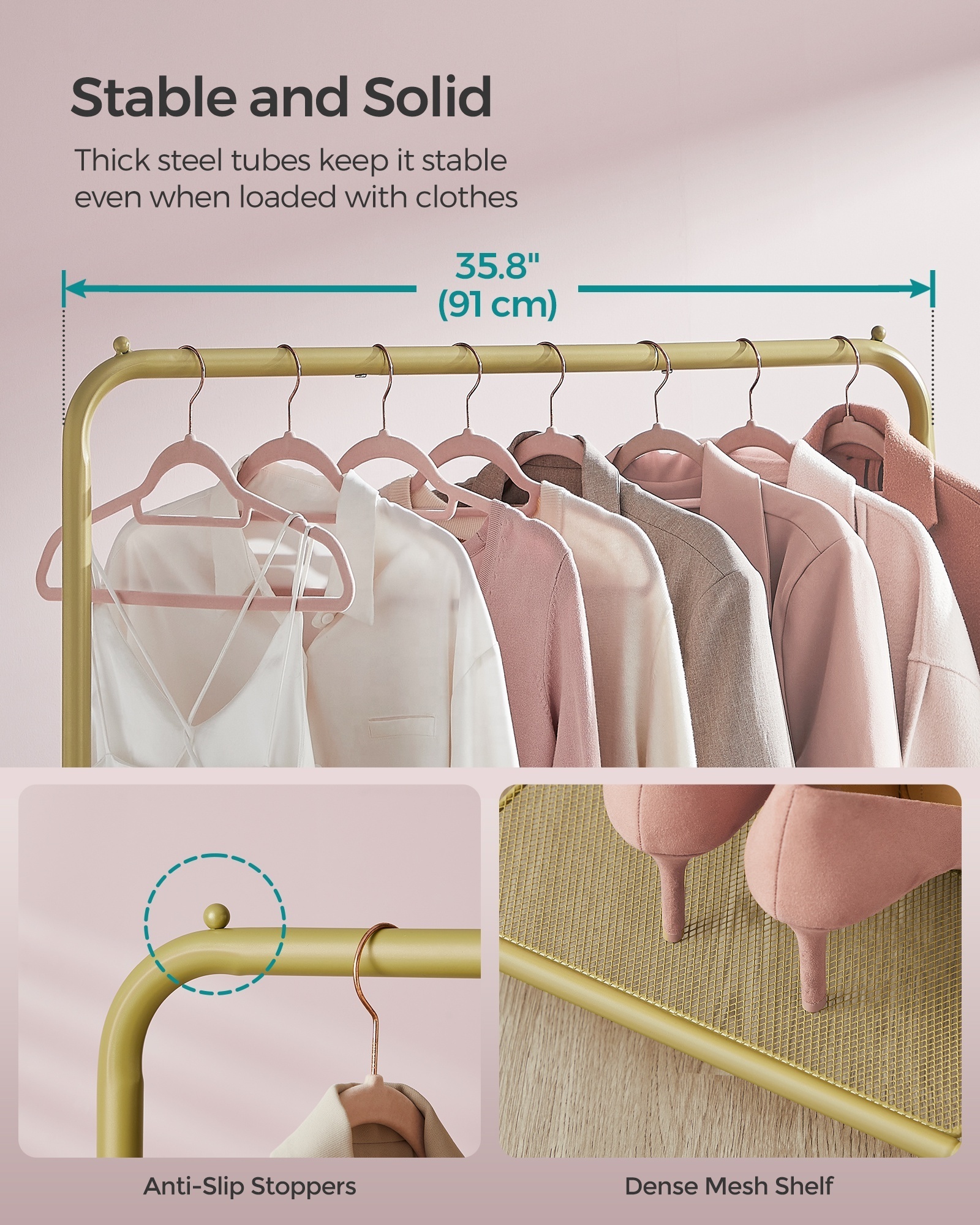 SONGMICS Boutique Gold Clothes Rack Mobile Clothes Rail With Wheel  Custom Clothes Display Racks