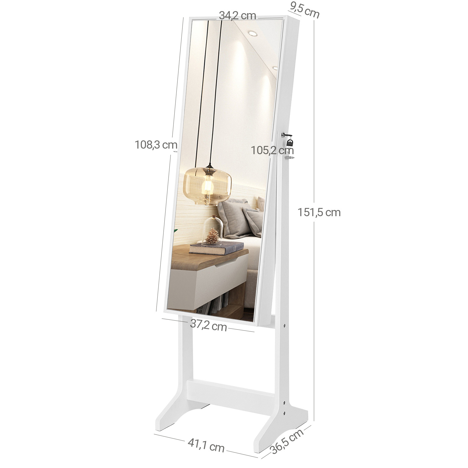 SONGMICS White Lockable jewelry armoire cabinet Full-Length Mirror storage tall standing jewelry cabinet