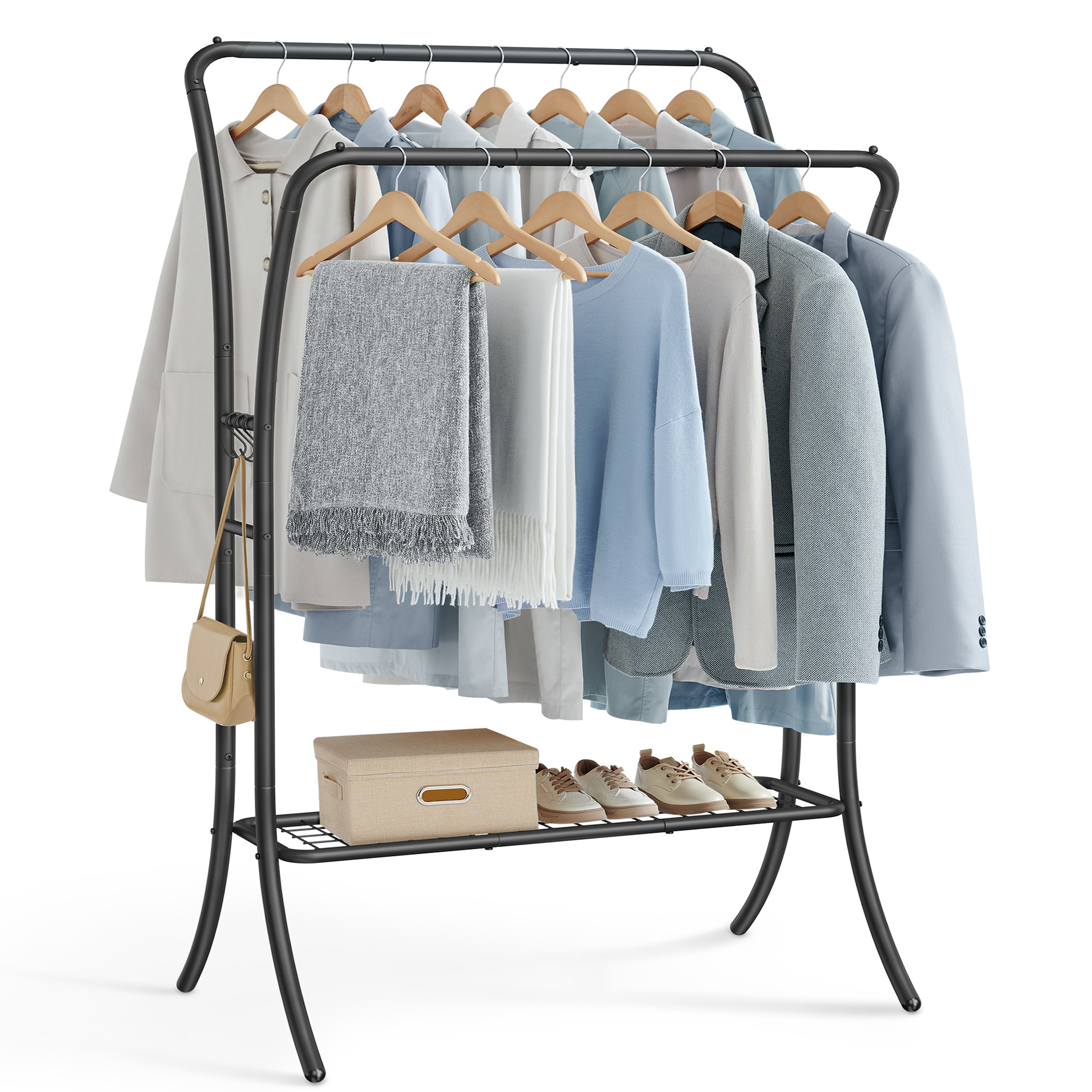 SONGMICS Metal Clothes Rail Double Pole Coat Rack with 6 hooks shelf Freestanding Garment Rack  Multi Functional Clothes Rack