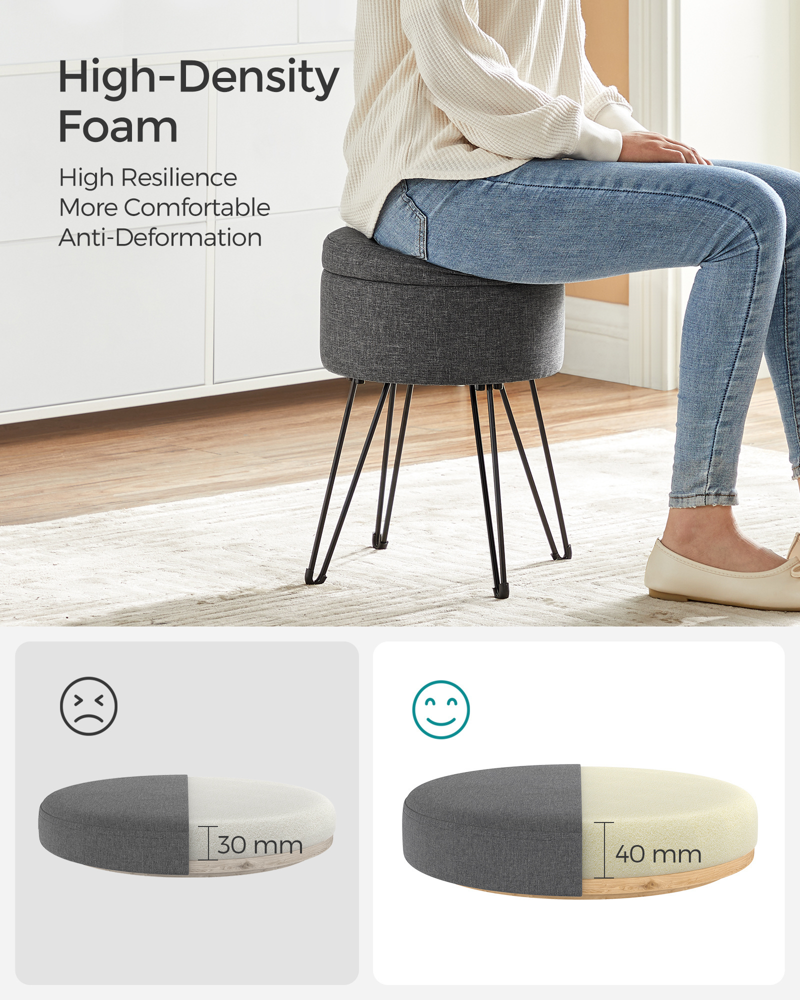 SONGMICS Grey Storage Box Round Ottoman Stool 9.4L MDF Round Footrest Stool With Metal Legs