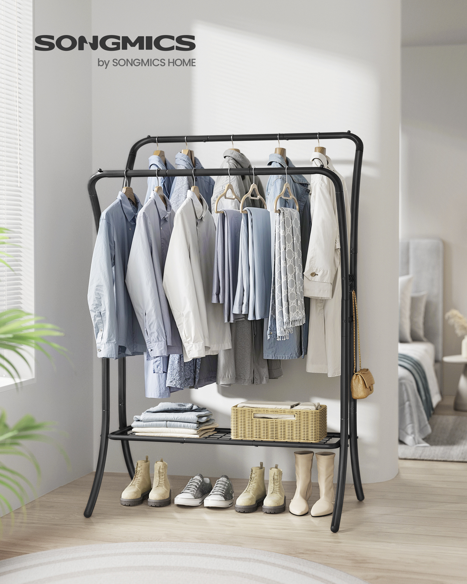 SONGMICS Metal Clothes Rail Double Pole Coat Rack with 6 hooks shelf Freestanding Garment Rack  Multi Functional Clothes Rack