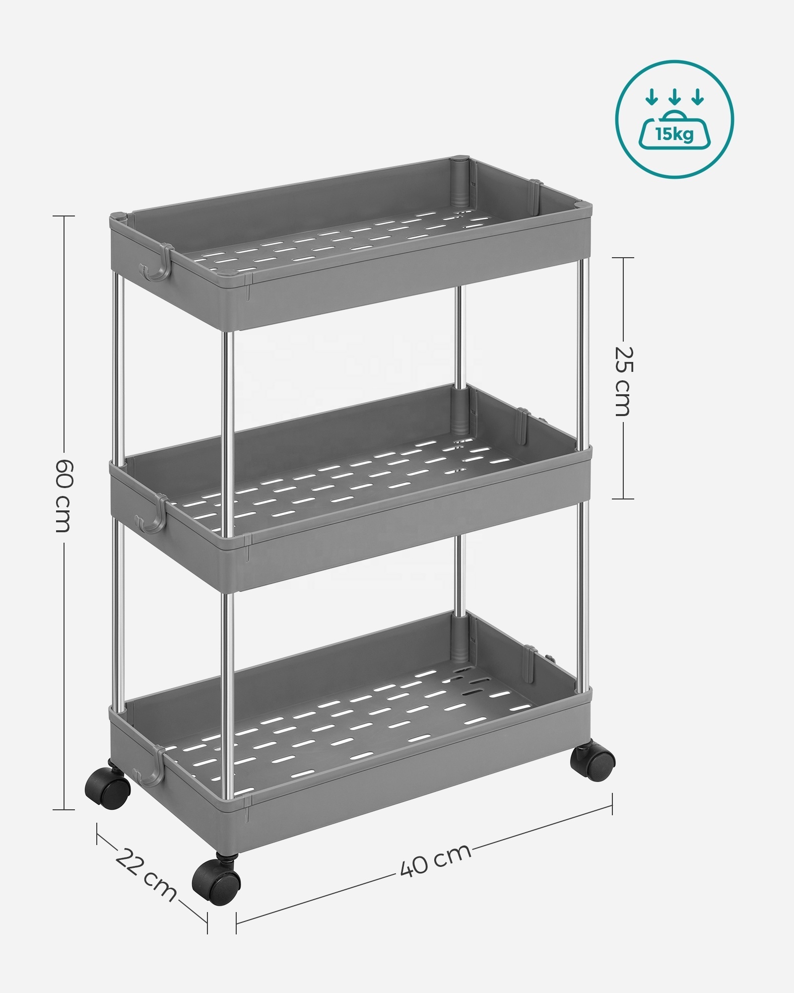 SONGMICS Narrow Storage Trolley for Kitchen Bathroom Office 3 Tier Standing Shelf Unit Storage Holders & Racks