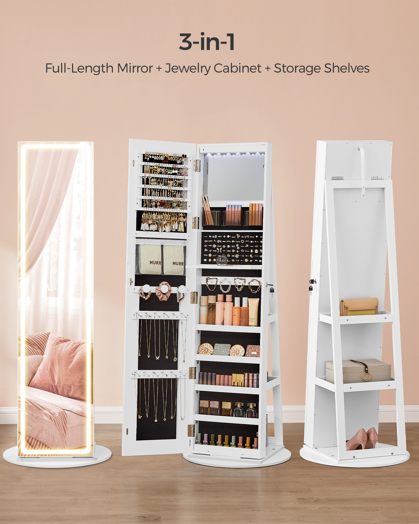 SONGMICS 360 Degree Rotatable Jewelry Armoire with Storage Shelves Jewelry Cabinet with Full Length LED Mirror