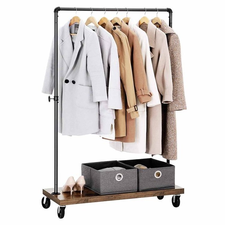 SONGMICS Laundry Room Retail Store Black Top RailClothes Rack Industrial Pipe Rolling Garment Rack with Lockable Wheels