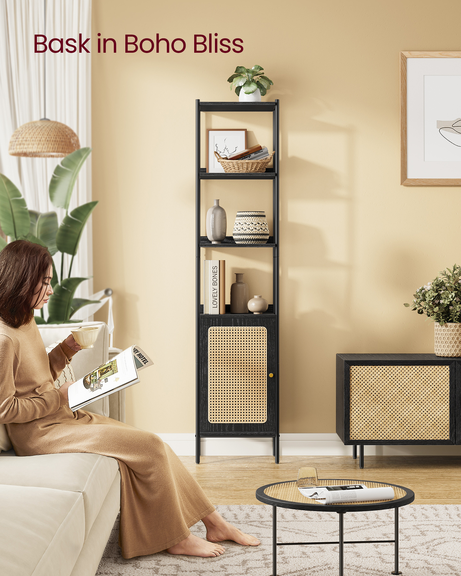 VASAGLE 6-Tier Bookcase Freestanding Wood Book Shelf Storage Shelf with Metal Frame Slim Bookshelf with Rattan-Like Door