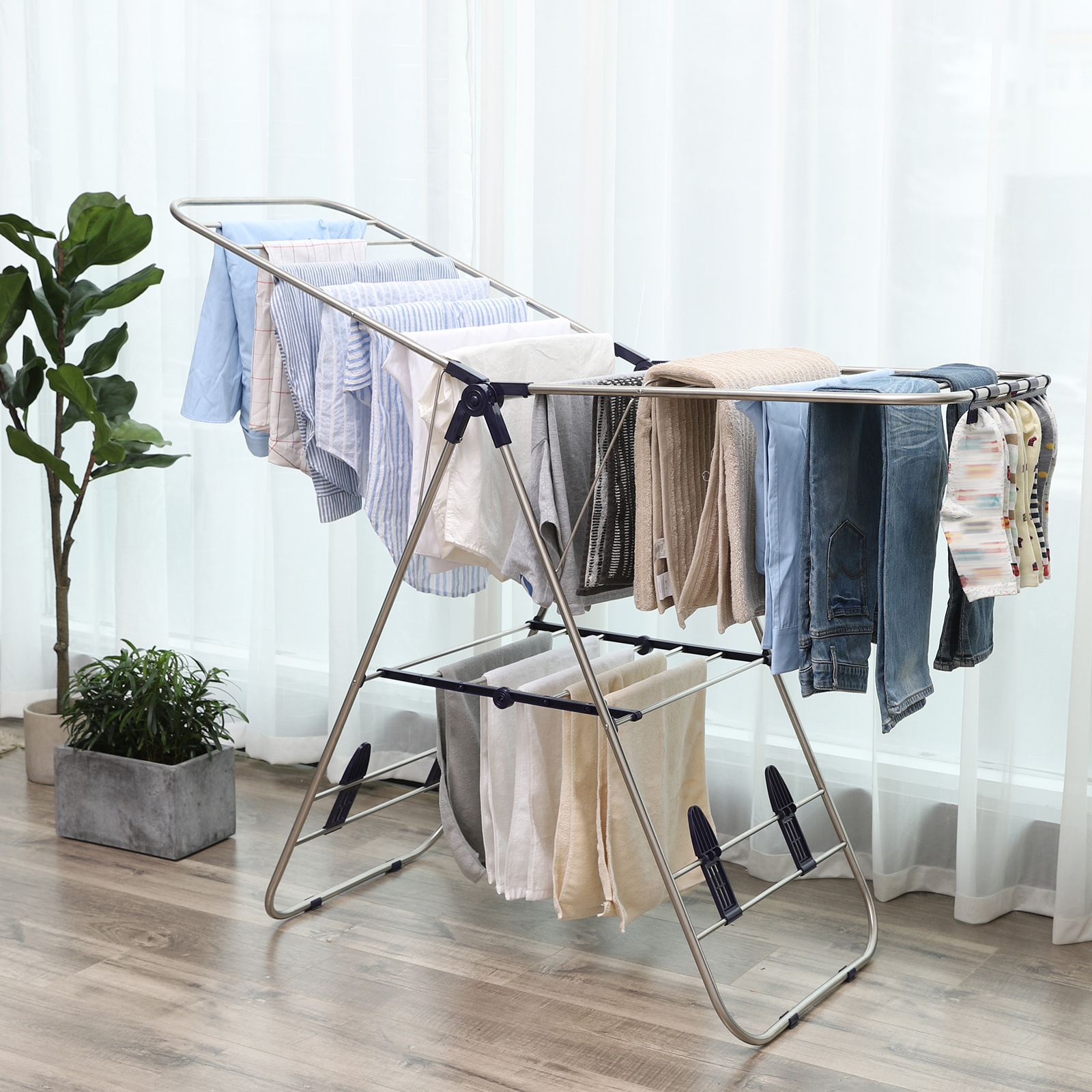 SONGMICS 2 tier folding cloth rack stainless steel clothes drying drying rack clothes laundry