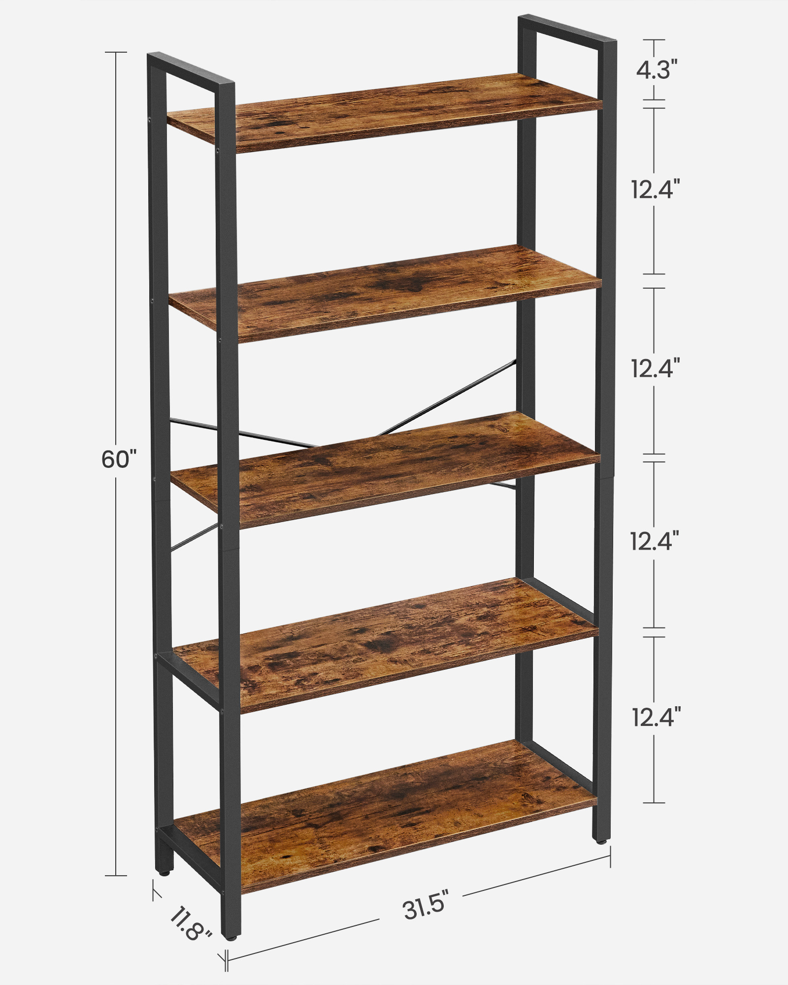 VASAGLE  Bookcase with Steel Structure for Living Room Study Hallway Industrial Style 5 Tier Shelving Unit