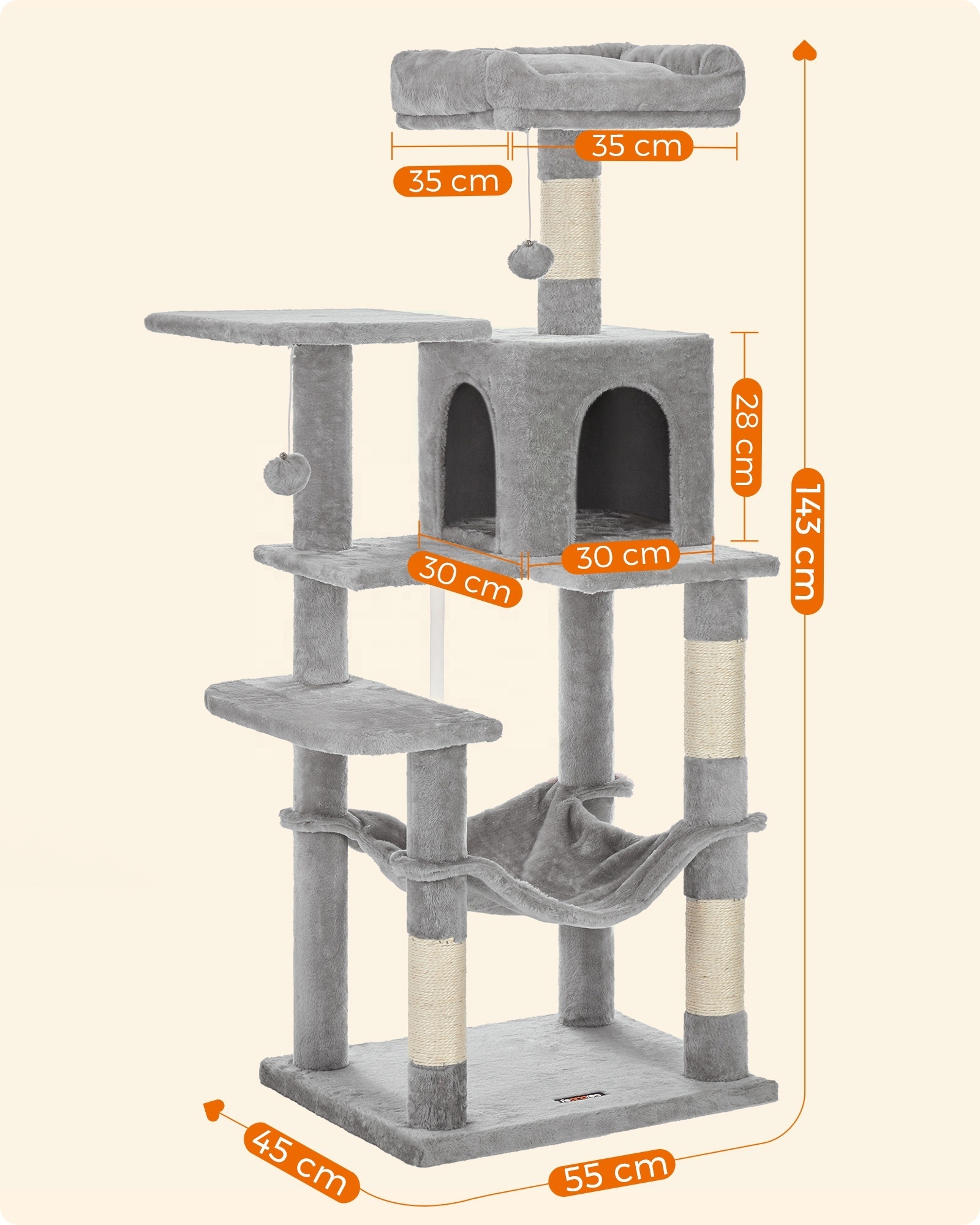 Feandrea Multi-Level Plush Cat Condo with 4 Scratching Posts 143 cm Cat Tower  Activity Centre Climbing cat Tree