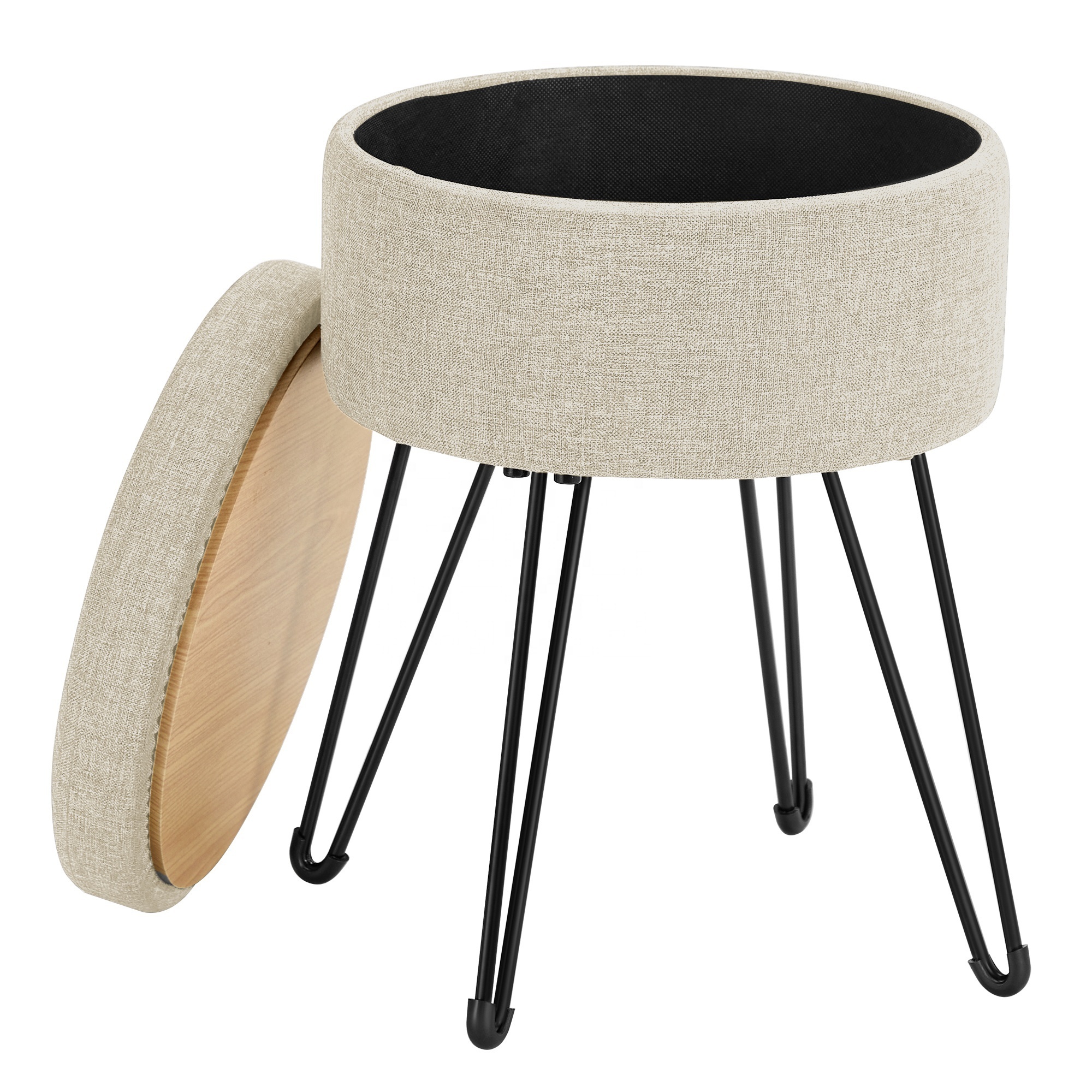 SONGMICS Multifunctional Vanity Stool Chair Round Ottoman Footrest with Metal Legs Small Ottoman Stool with Storage