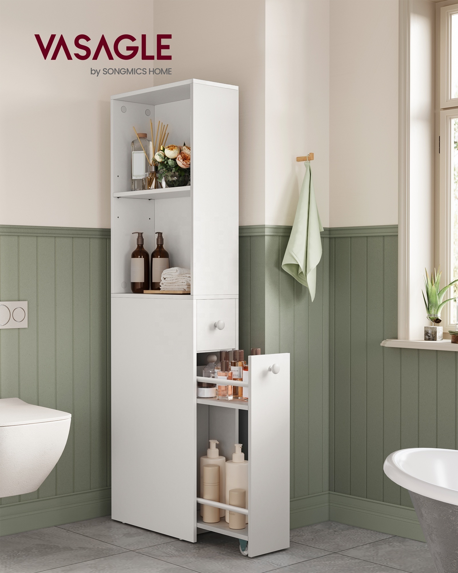 VASAGLE Freestanding Cabinet with Storage Drawers and Adjustable Shelf Modern Style Slim Bathroom Storage Cabinet