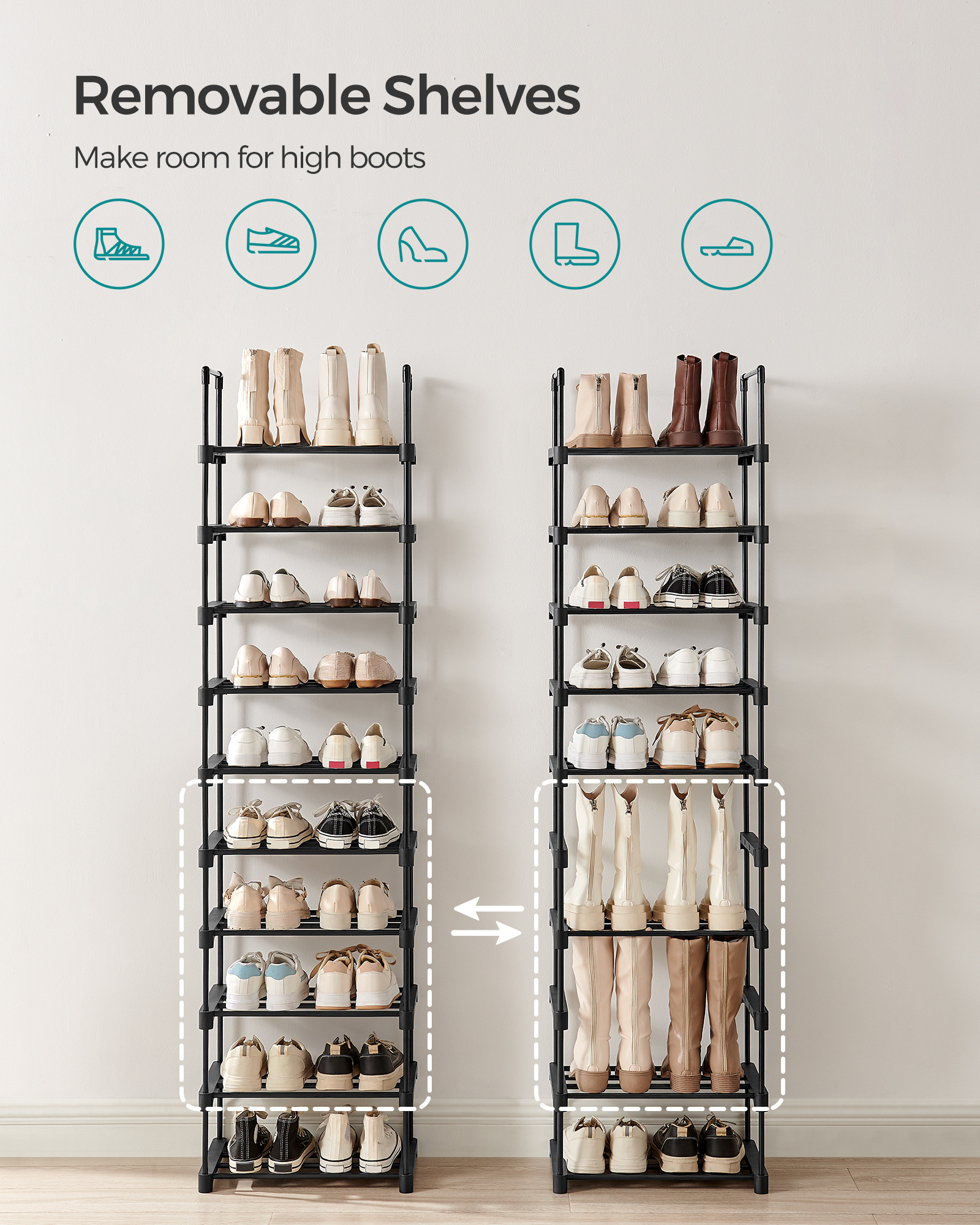 SONGMICS 10 layer extendable shoe rack living room furniture cheap metal plastic shoe racks