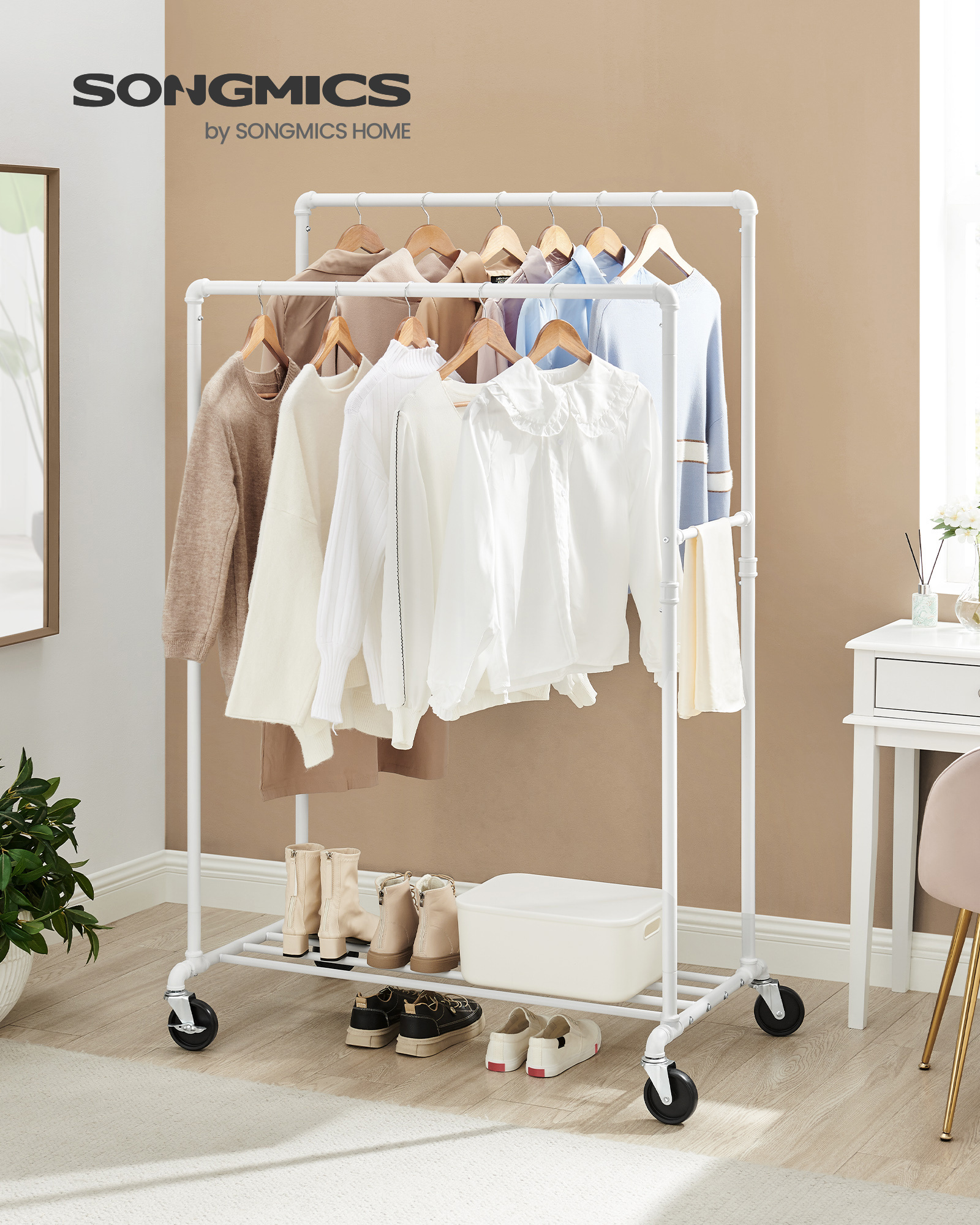 SONGMICS Clothes Hanger Rail Double Pole Clothes Rack Stainless Steel Clothes Rack with Wheels