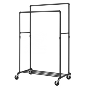 SONGMICS Rolling Closet clothing rail Double Rod Garment Rack on Wheels Industrial Pipe Clothing Rack with Shelf