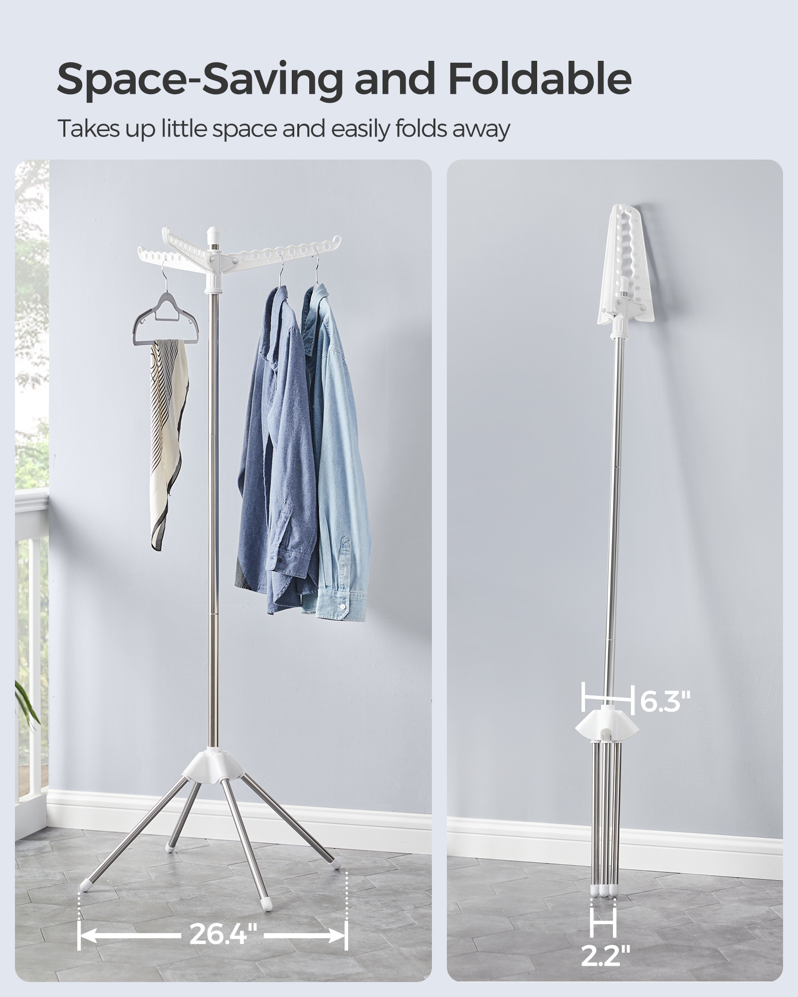 SONGMICS Collapsible Tripod Coat Hanger Corner Garment Storage Shelf Stand Laundry Clothes Drying Rack