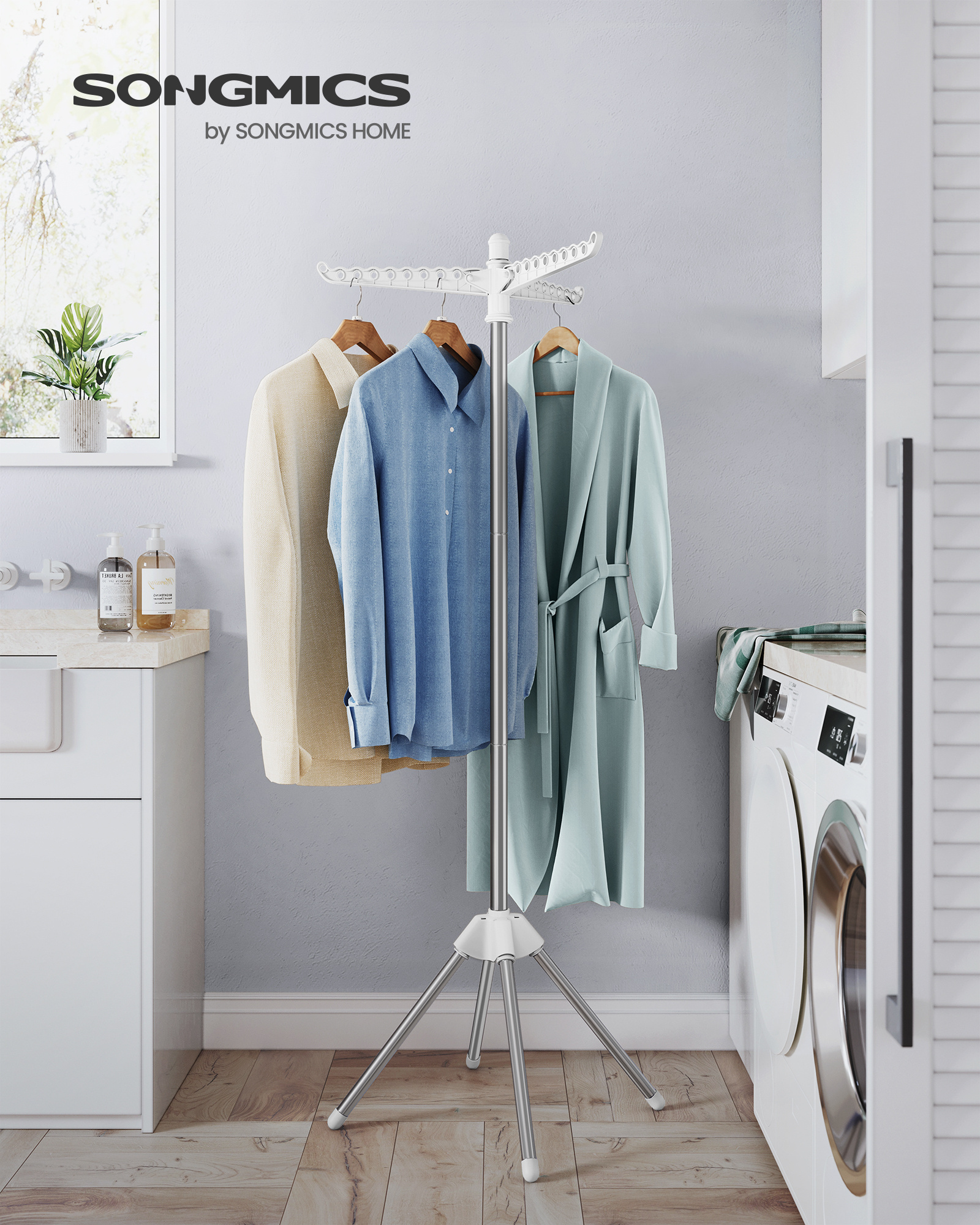 SONGMICS Collapsible Tripod Coat Hanger Corner Garment Storage Shelf Stand Laundry Clothes Drying Rack