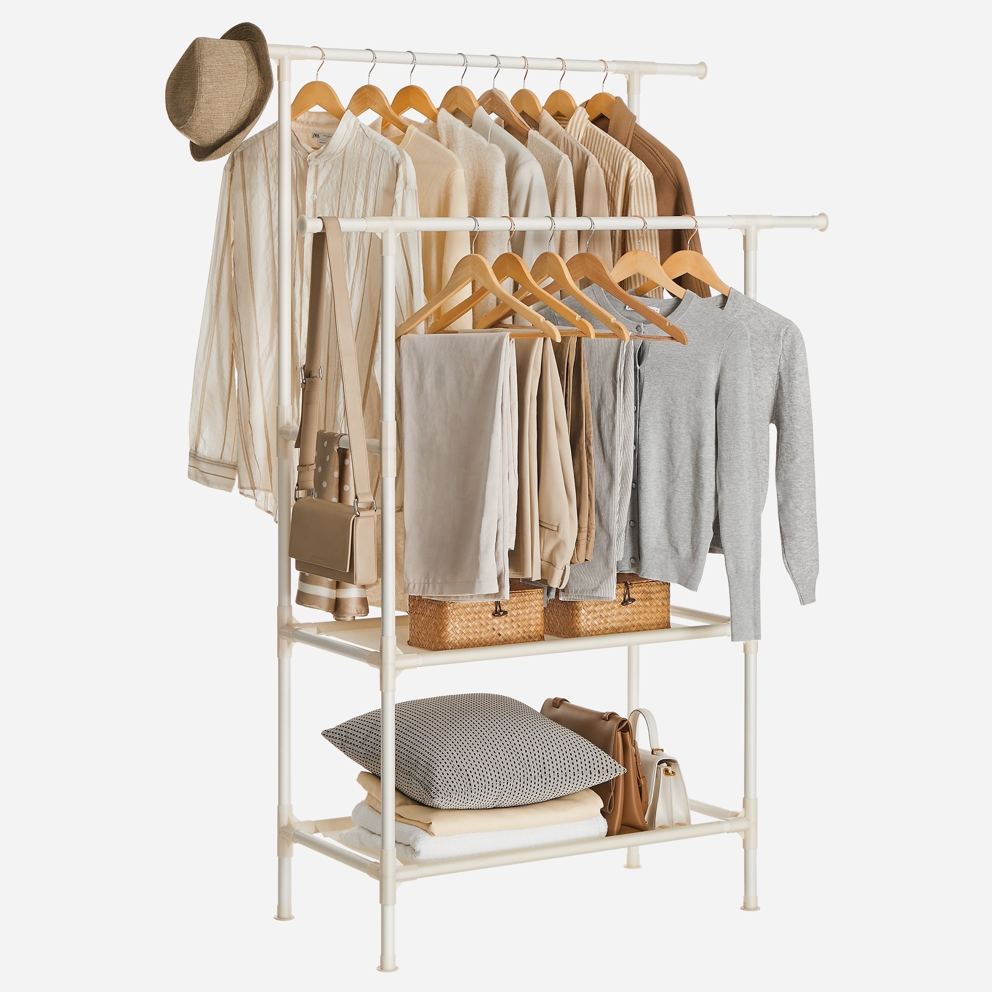 SONGMICS White hanging rack clothes Metal Clothing Stand with 2 Hanging Rails and 2 Storage Shelves