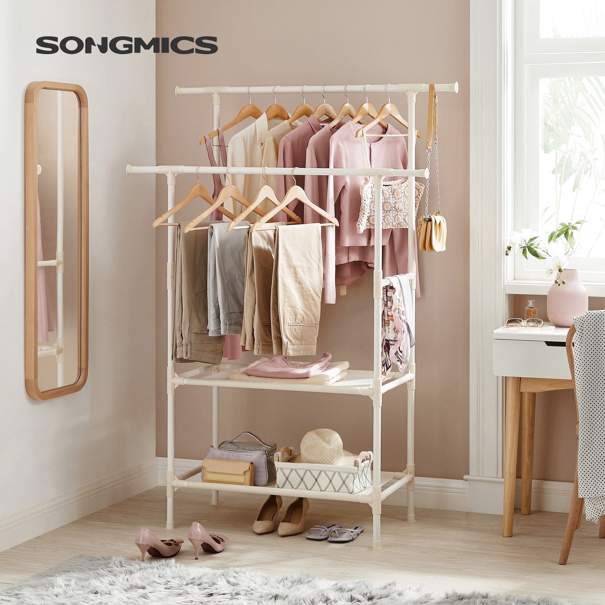 SONGMICS White hanging rack clothes Metal Clothing Stand with 2 Hanging Rails and 2 Storage Shelves