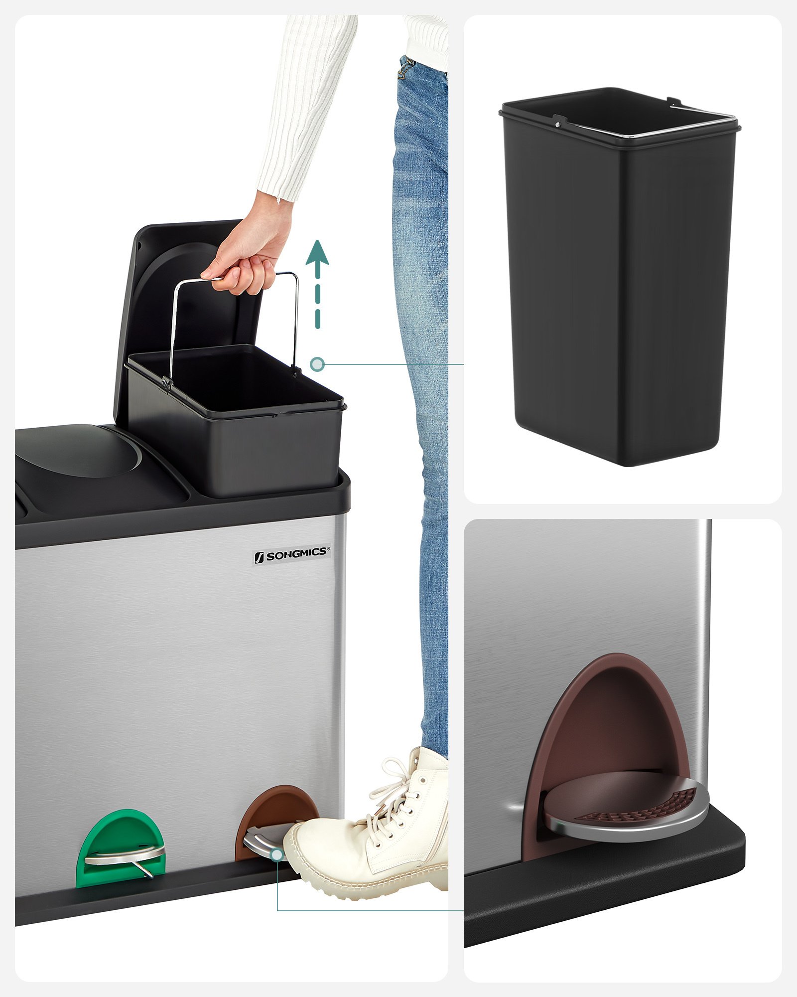 SONGMICS rectangular 45-Litre Metal Rubbish Bin 3 Compartments Stainless Steel Recycling Trash Garbage Can Waste Bin