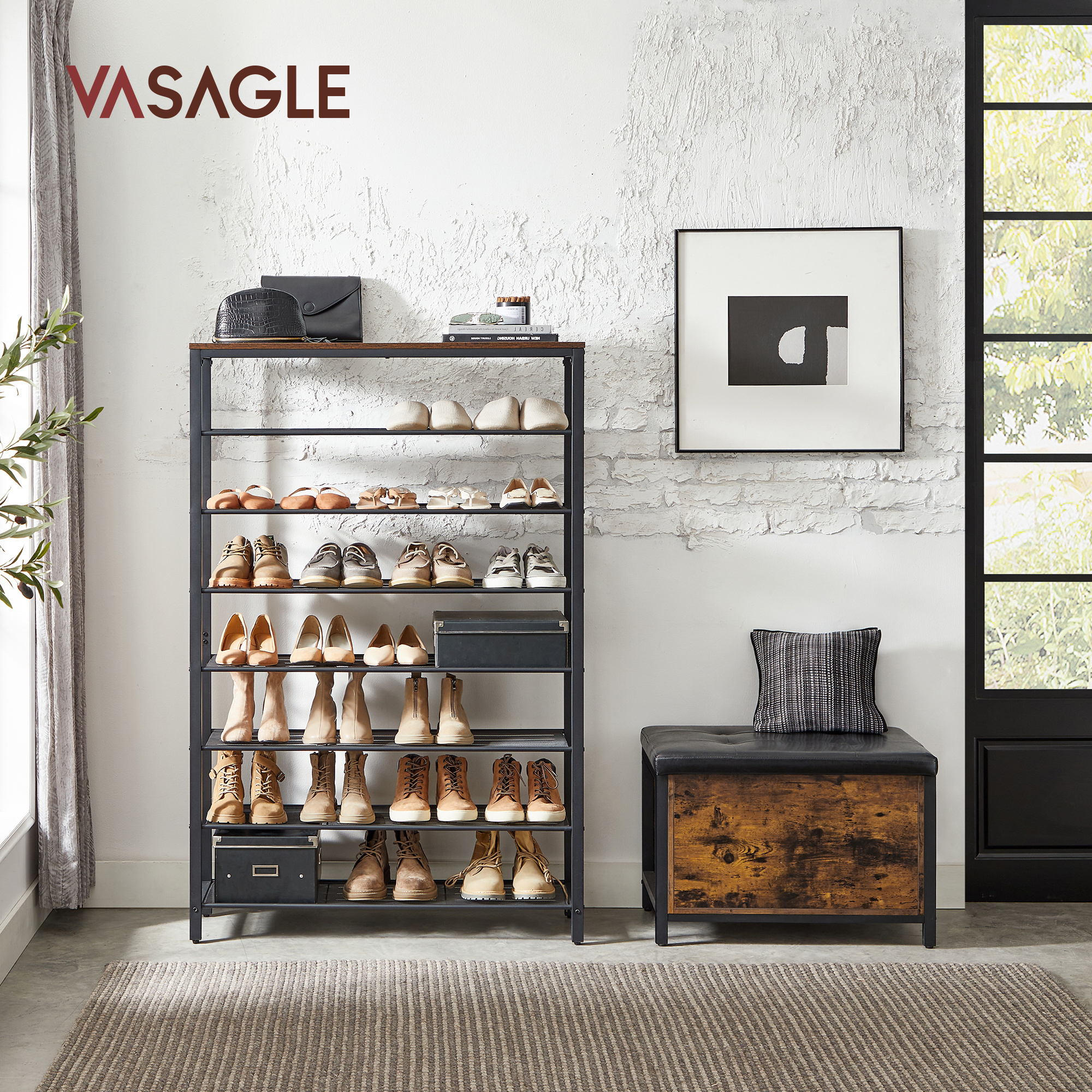 VASAGLE 8 tier Shoe Rack with 7 Grids and Large Surface for Pockets space saving shoe rack