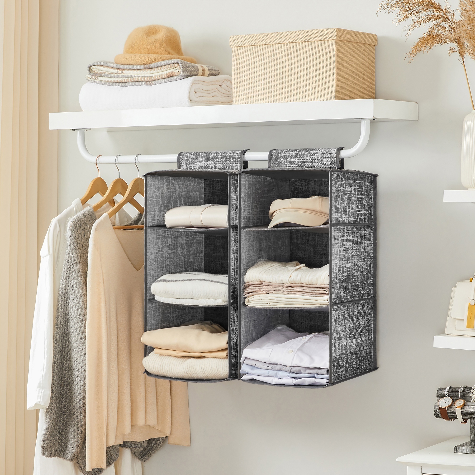 SONGMICS Hanging Shelf Storage with 3 Compartments foldable 2pcs wardrobe clothes organizers set Wardrobe Organiser