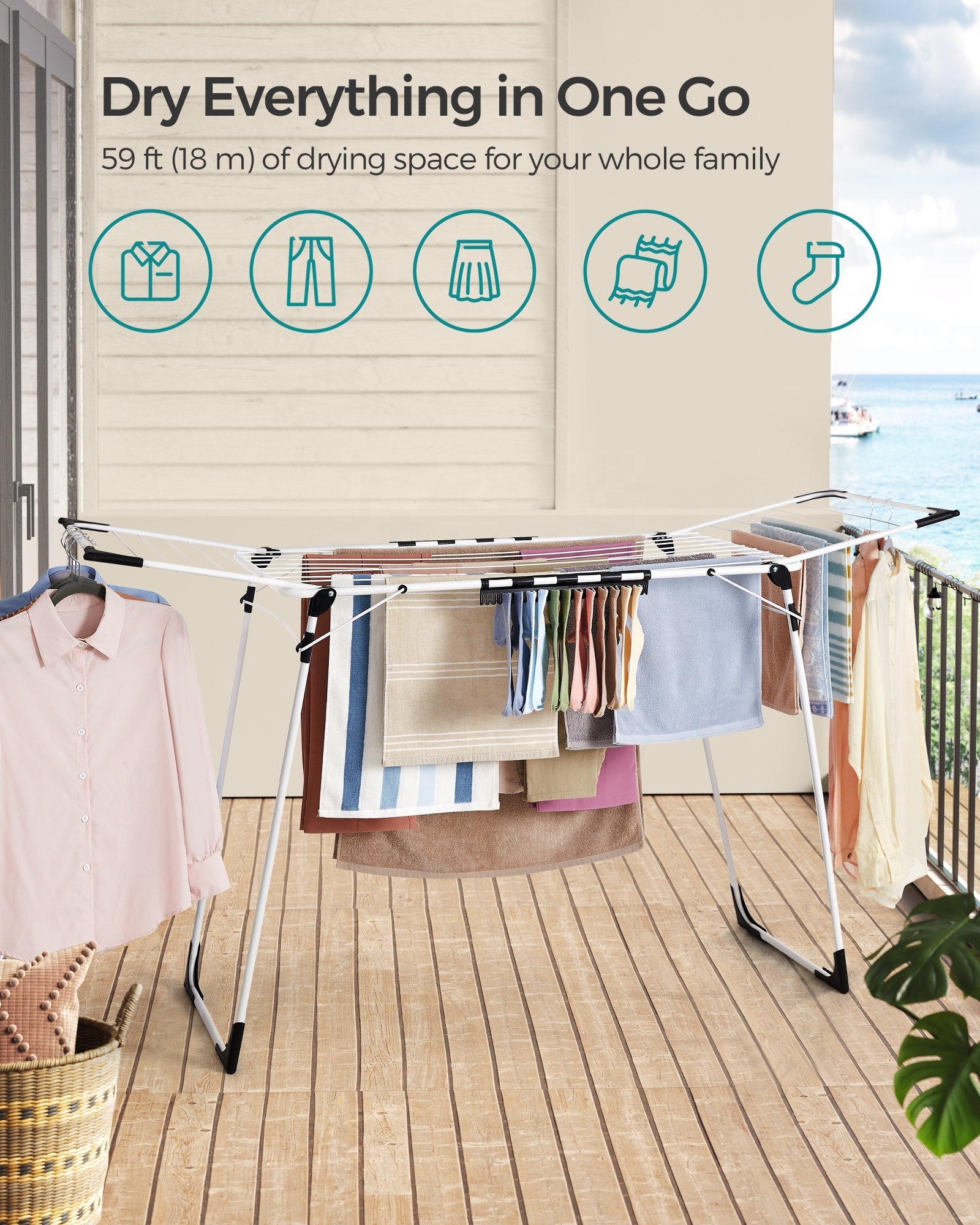 SONGMICS Gullwing Laundry Drying Rack Clothes Dryer stand Clothes Drying Rack Foldable